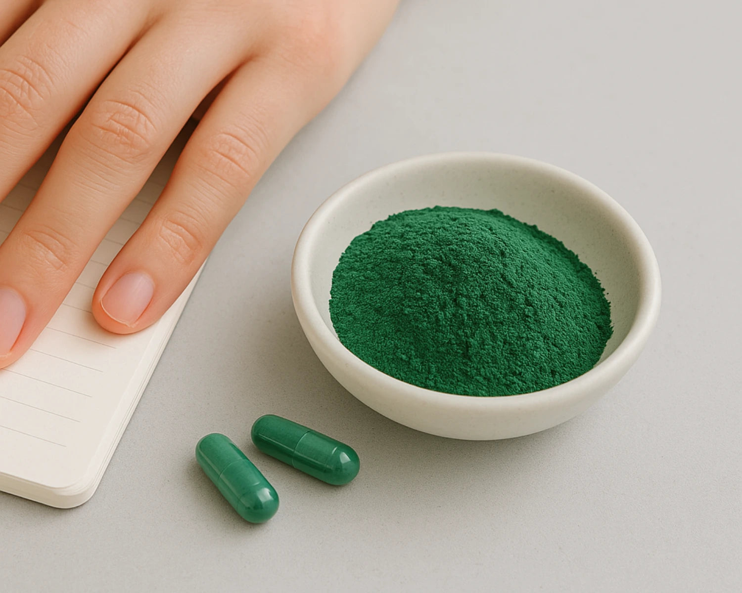 Green powder in a bowl with two green capsules on a light gray surface.