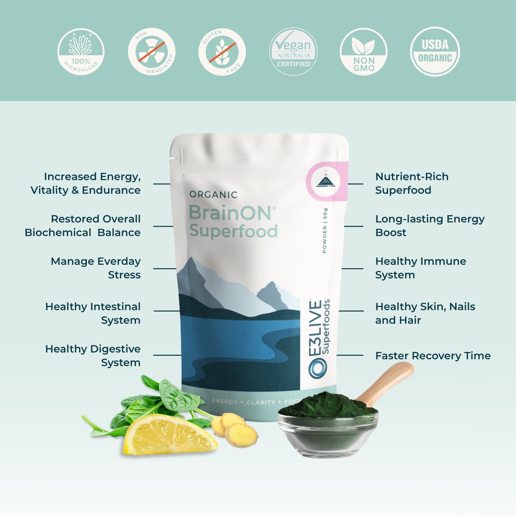 Promotional image for BrainON Superfood. Features a white pouch with a blue mountain design, labelled &