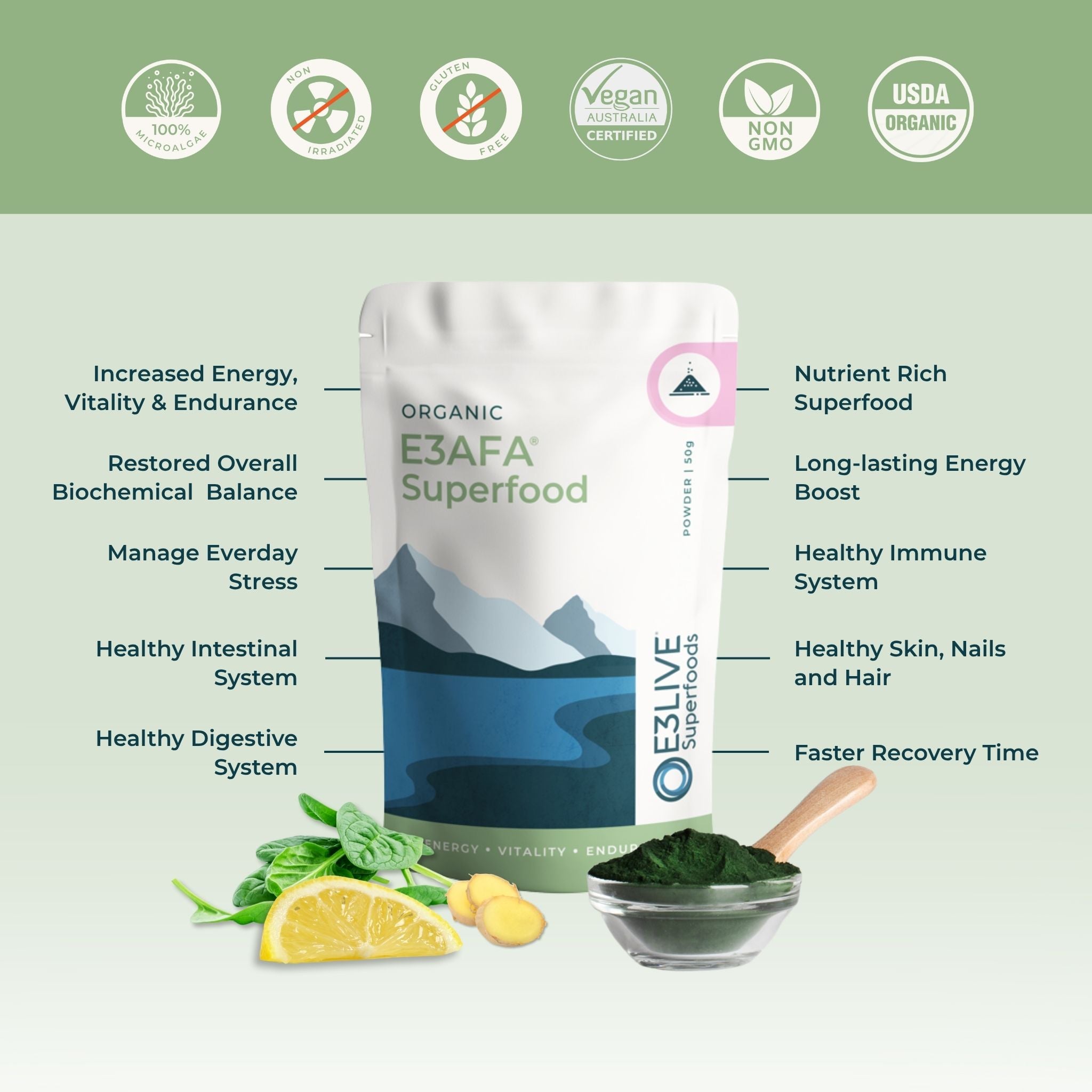 Promotional image for E3AFA Superfood. Features a white pouch with a blue mountain design, labeled &