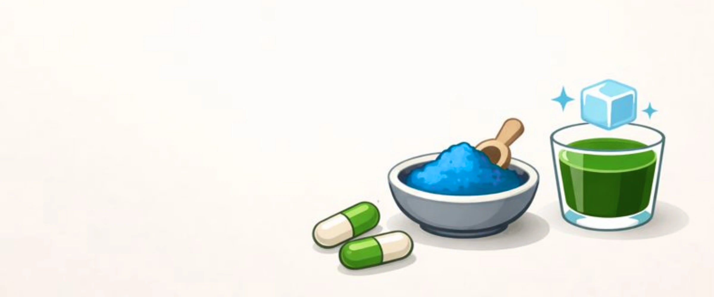 Illustration of a bowl with blue powder, a wooden spoon, green capsules, and a glass of green liquid on a white background.