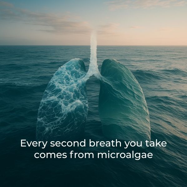 Artistic depiction of lungs formed by ocean waves with a quote, "Every second breath you take comes from microalgae"