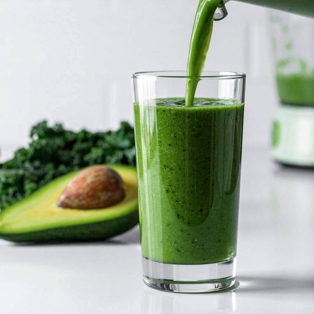 Green smoothie being poured into a glass with ingredients like avocado and kale in the background.