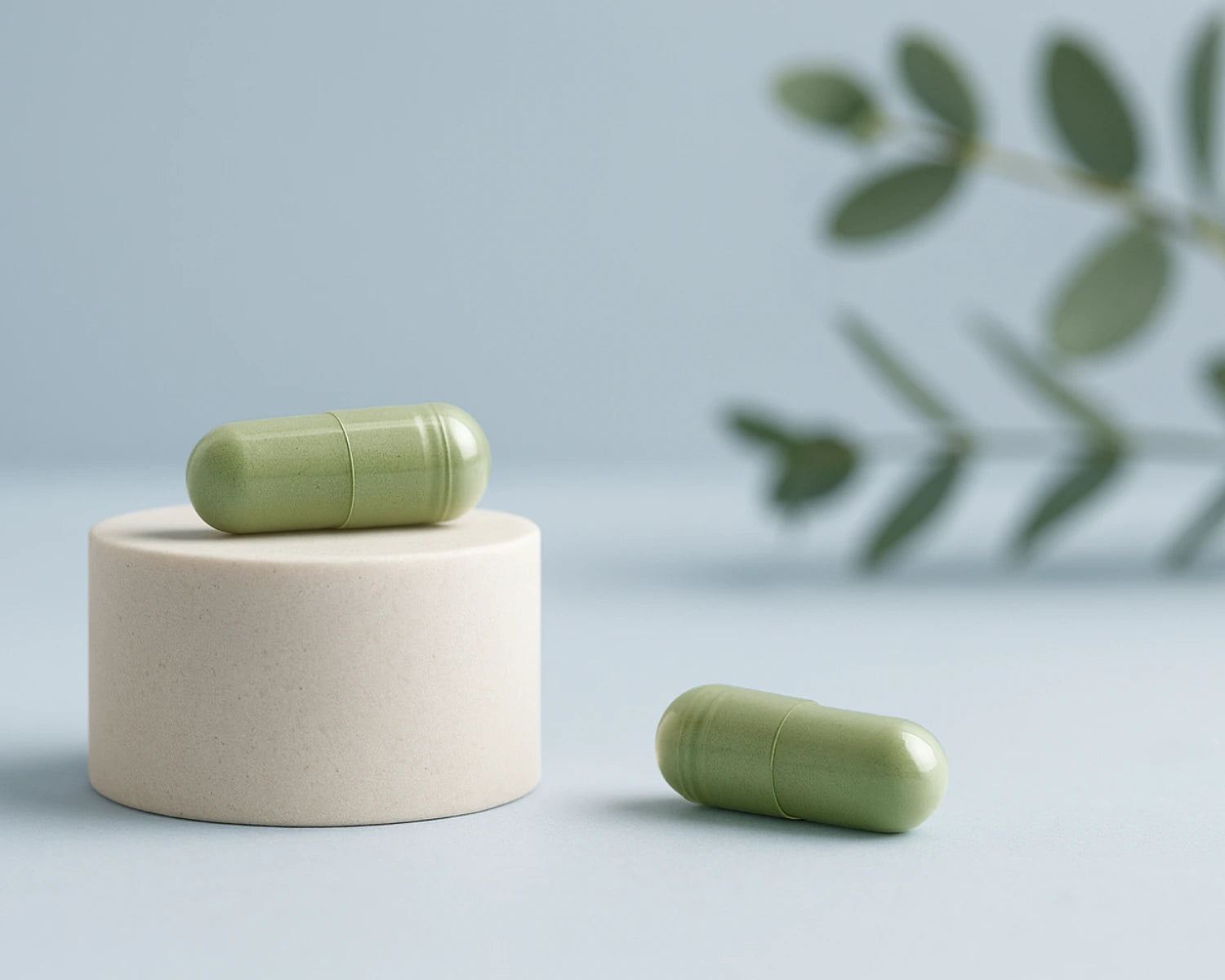 Two green capsules on a light beige stand with a blurred plant in the background