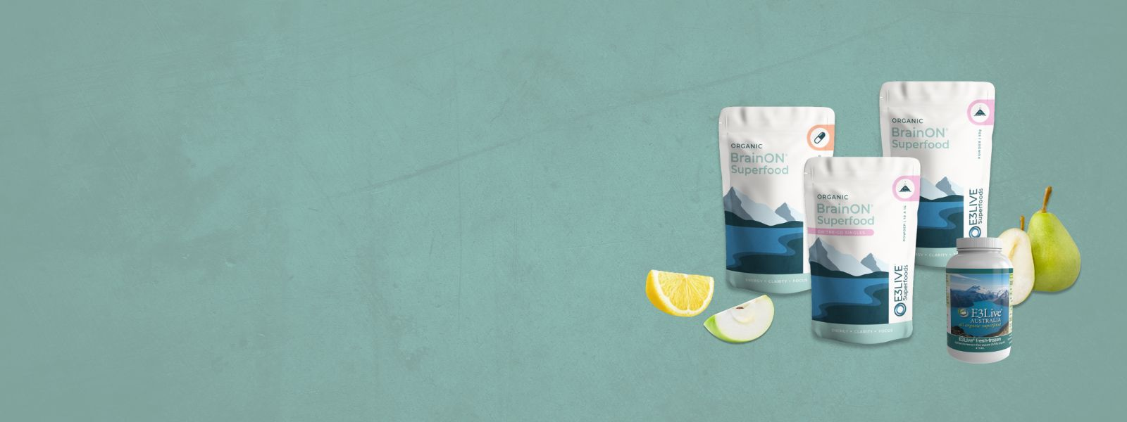 BrainON Collection - Features a teal textured background with vibrant ingredients on the right side, including fresh spinach leaves, green apples, a glass jar of green smoothie, a bowl of green BrainON powder, and green BrainON capsules.