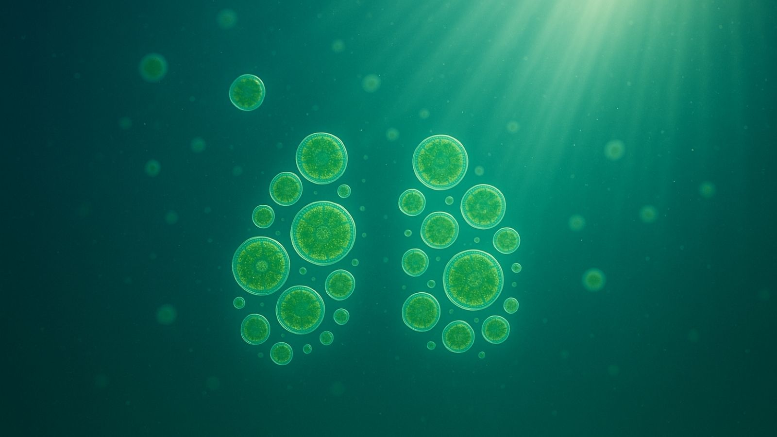 Microscopic microalgae floating in sunlight-lit ocean water, symbolising oxygen production