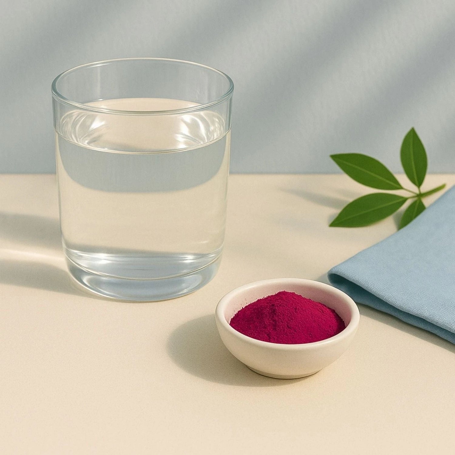 Glass of water next to a bowl of Astaxanthin powder on a light surface with a blue napkin and green leaves.