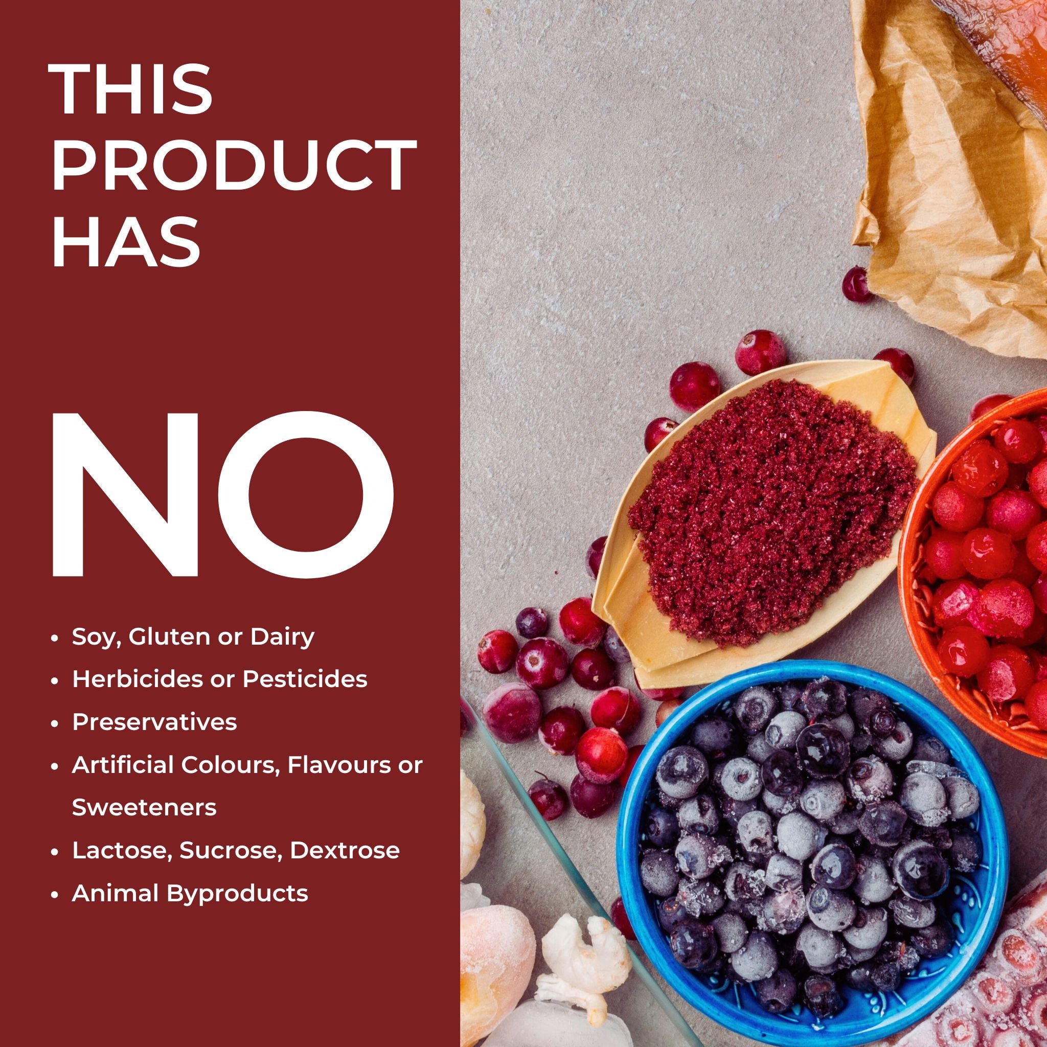 Promotional image for Astaxanthin powder. The left side features a bold maroon background with white text reading: &