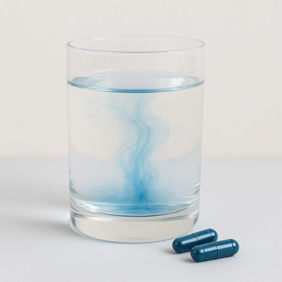 Clear glass with blue swirling powder and two blue capsules on a light gray background