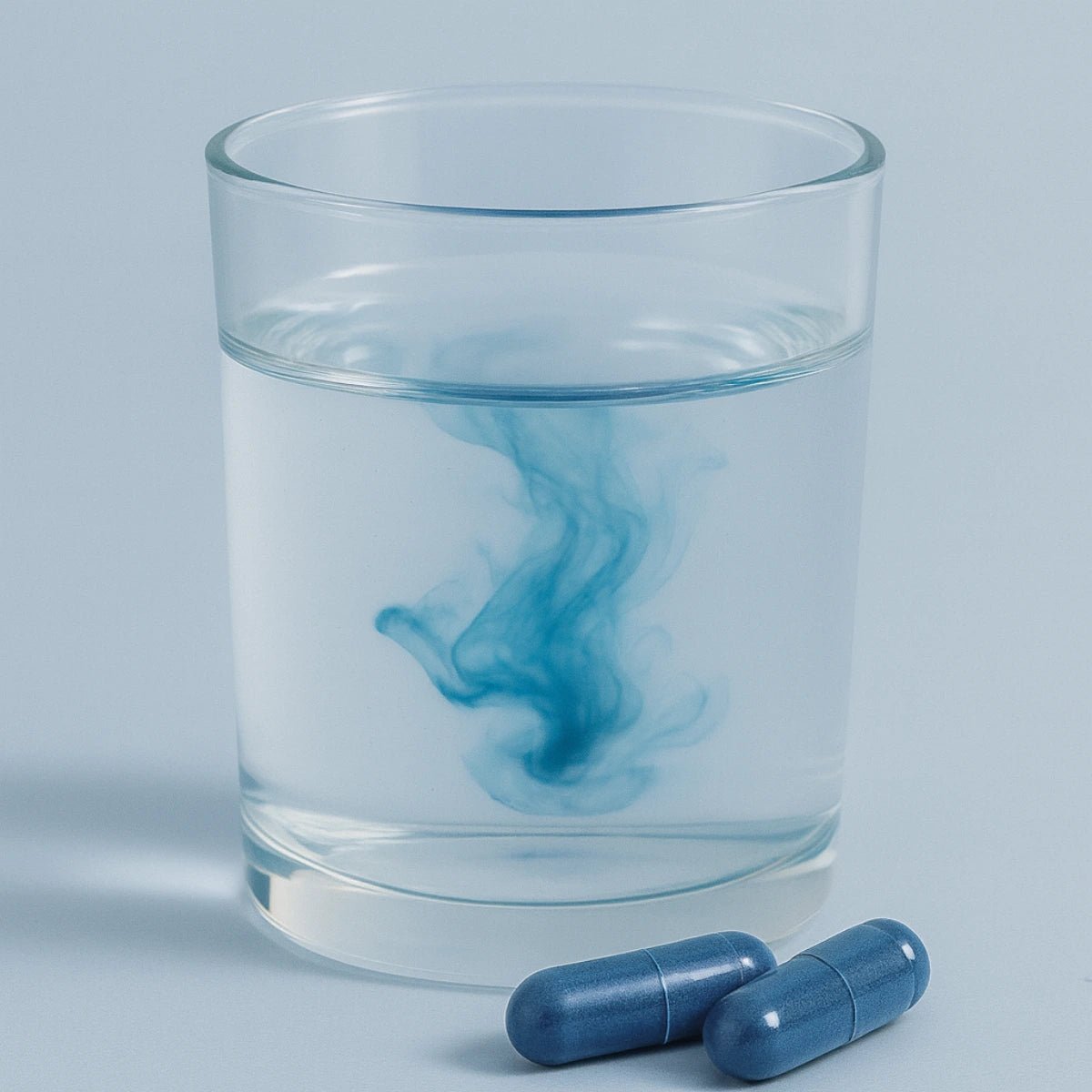 Clear glass of water with blue swirl and two blue capsules on a light gray background