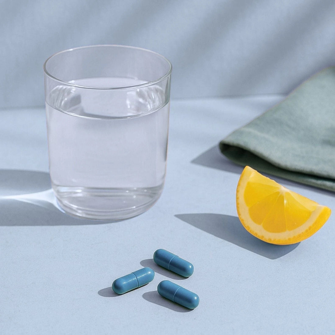 BlueMAJIK capsules, a glass of water, and an orange slice on a light blue surface.