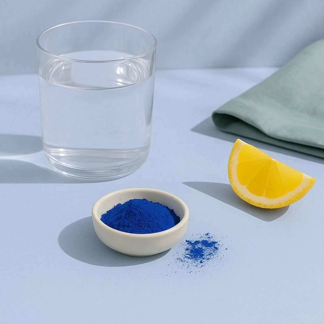 BlueMAJIK powder in a bowl with a glass of water and a lemon wedge on a light blue surface.