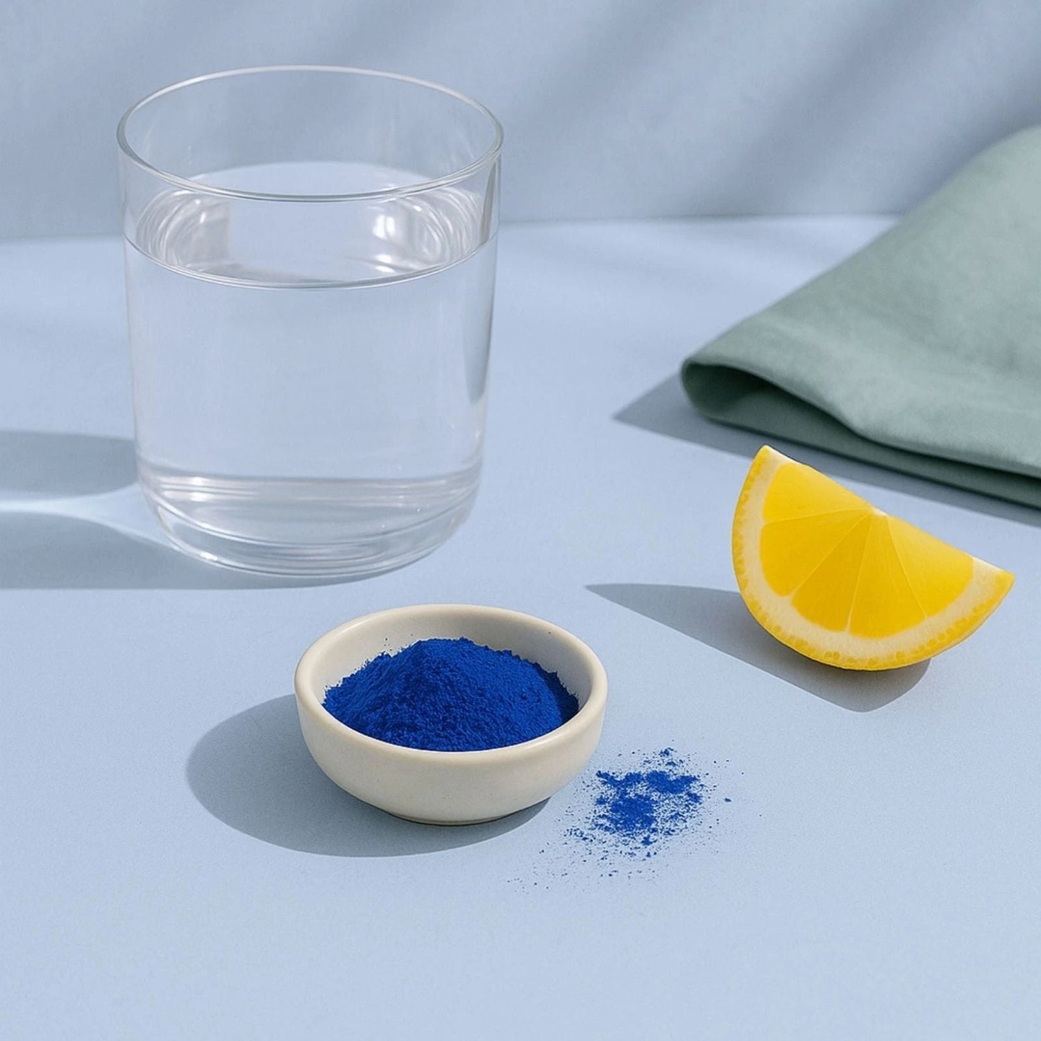 BlueMAJIK powder in a bowl with a glass of water and a lemon wedge on a light blue surface.