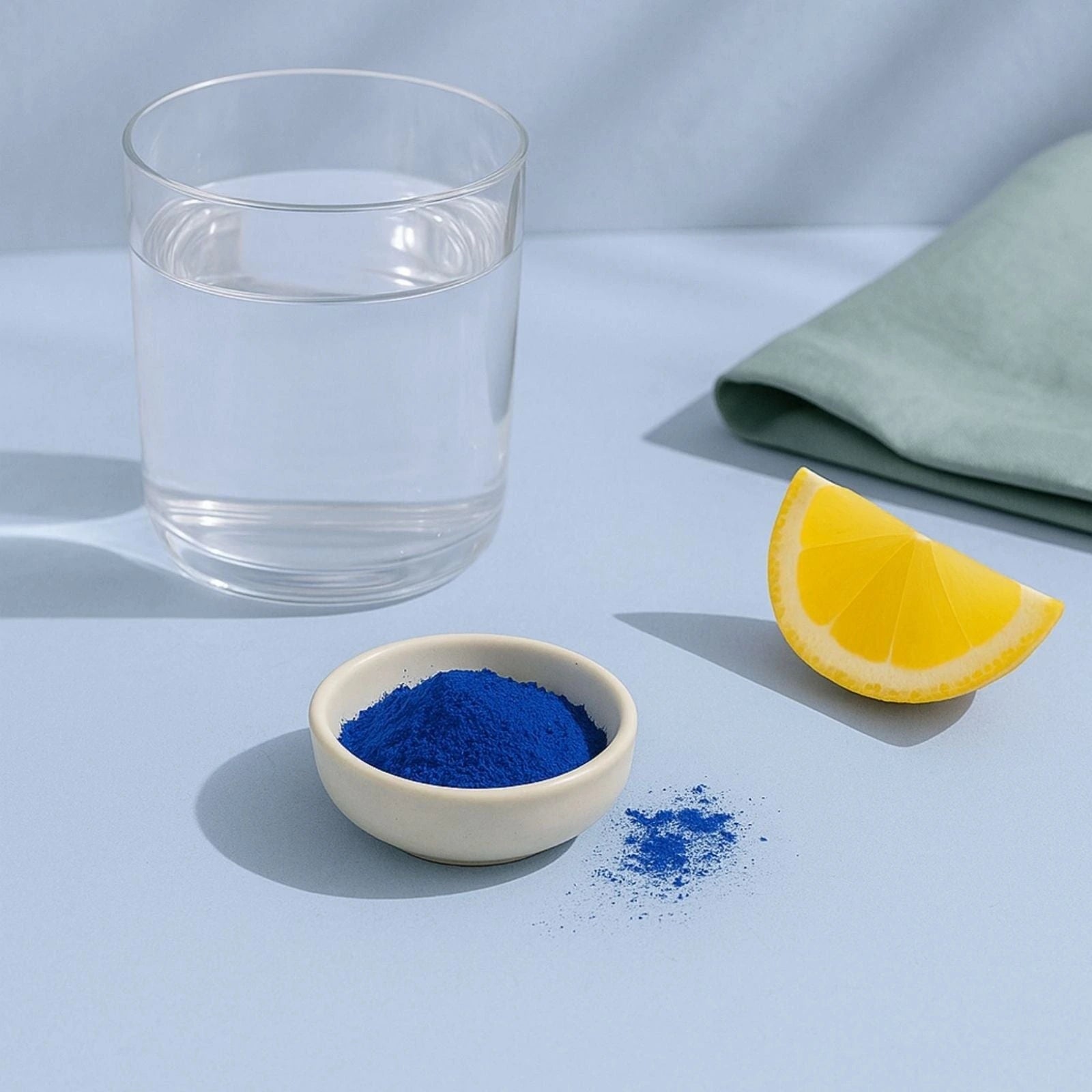 BlueMAJIK powder in a bowl with a glass of water and a lemon wedge on a light blue surface.