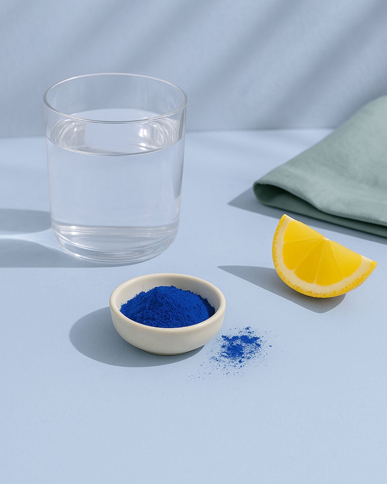 Blue powder in a bowl with a glass of water, lemon, and green cloth on a light blue background