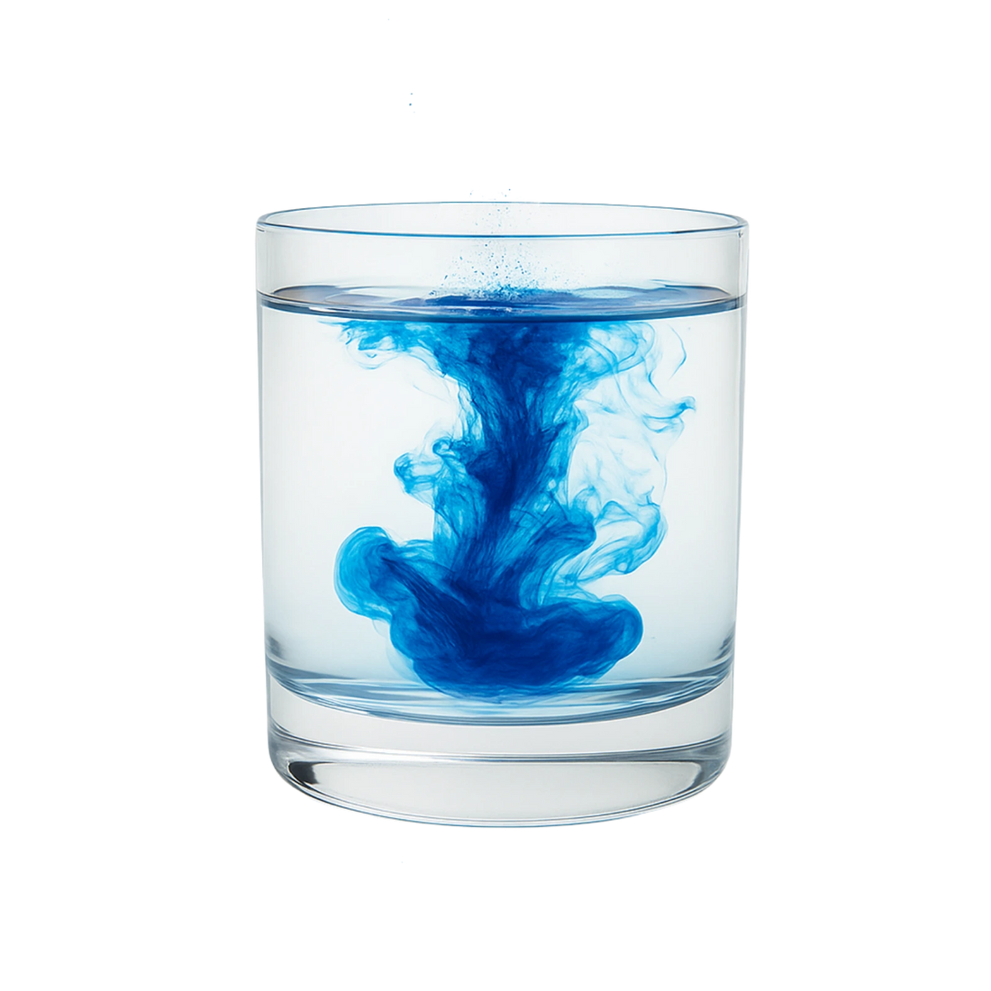Clear glass with blue powder swirling in water on a white background