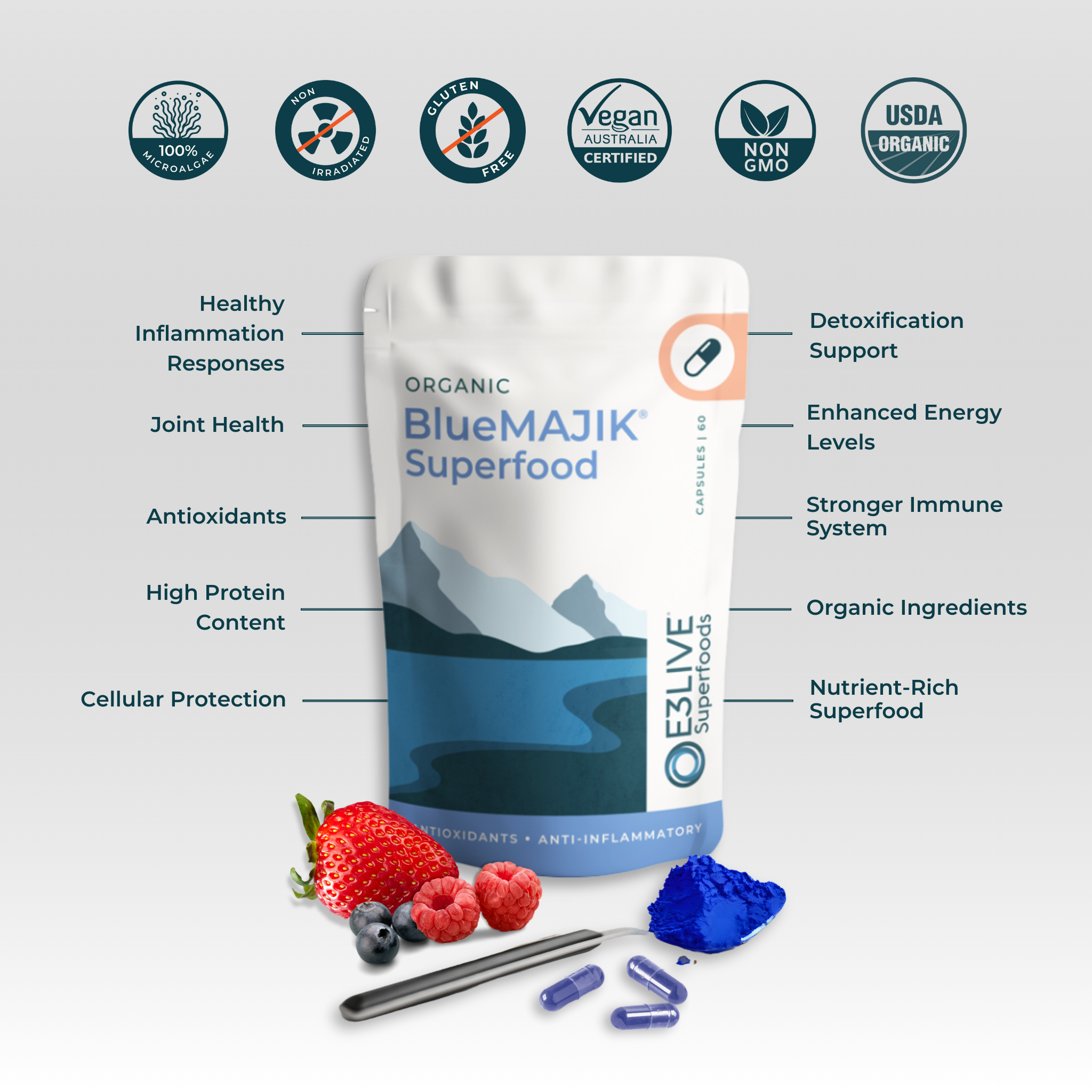 Promotional image for E3Live BlueMAJIK Superfood. Features a white pouch with a blue mountain design, labeled &