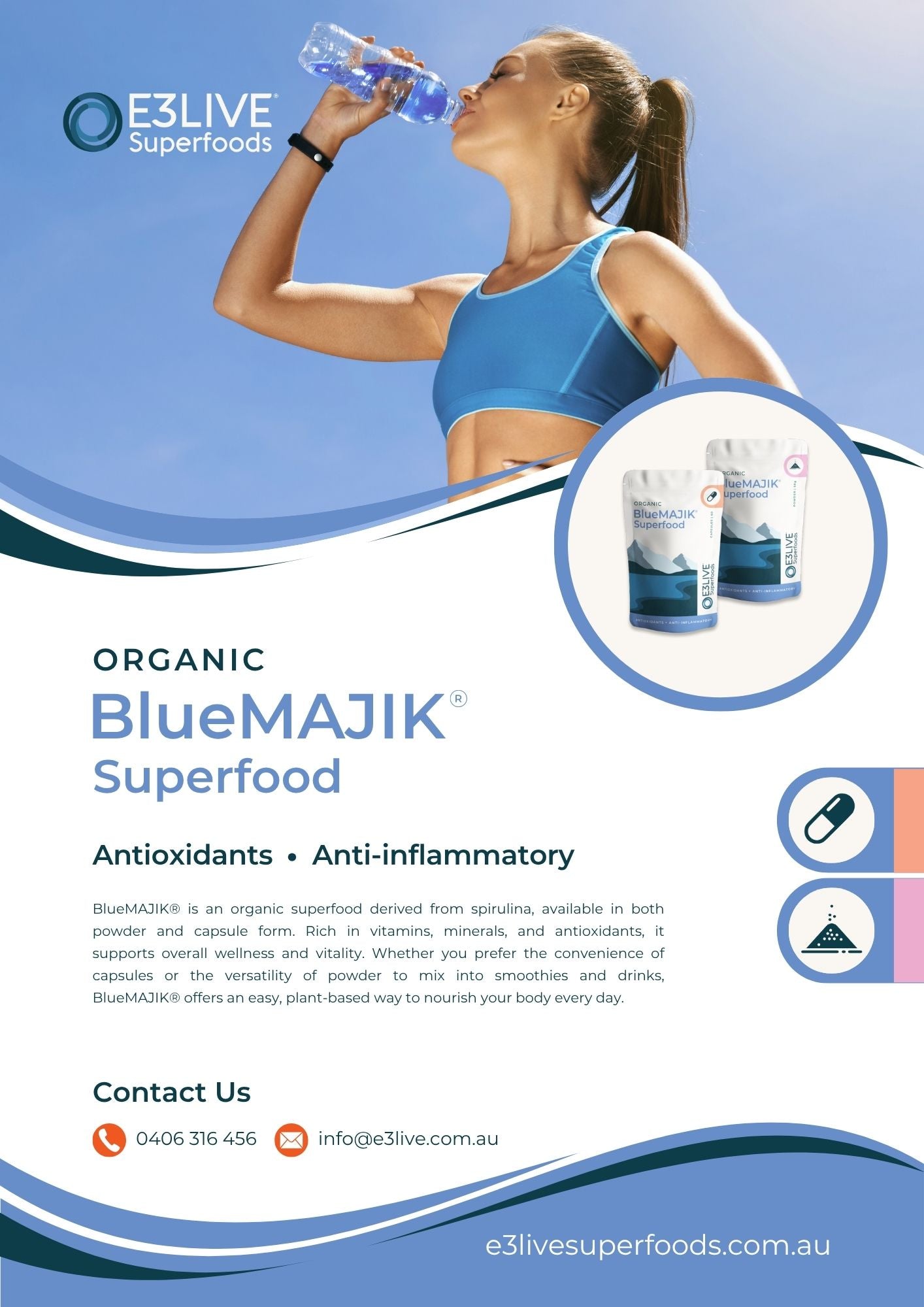 Advertisement for BlueMAJIK Superfood with a woman drinking from a bottle on a blue background