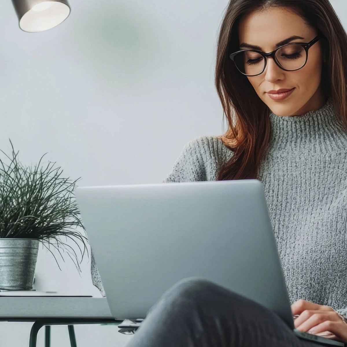 Woman using a laptop in a home office setting with a plant and lamp.