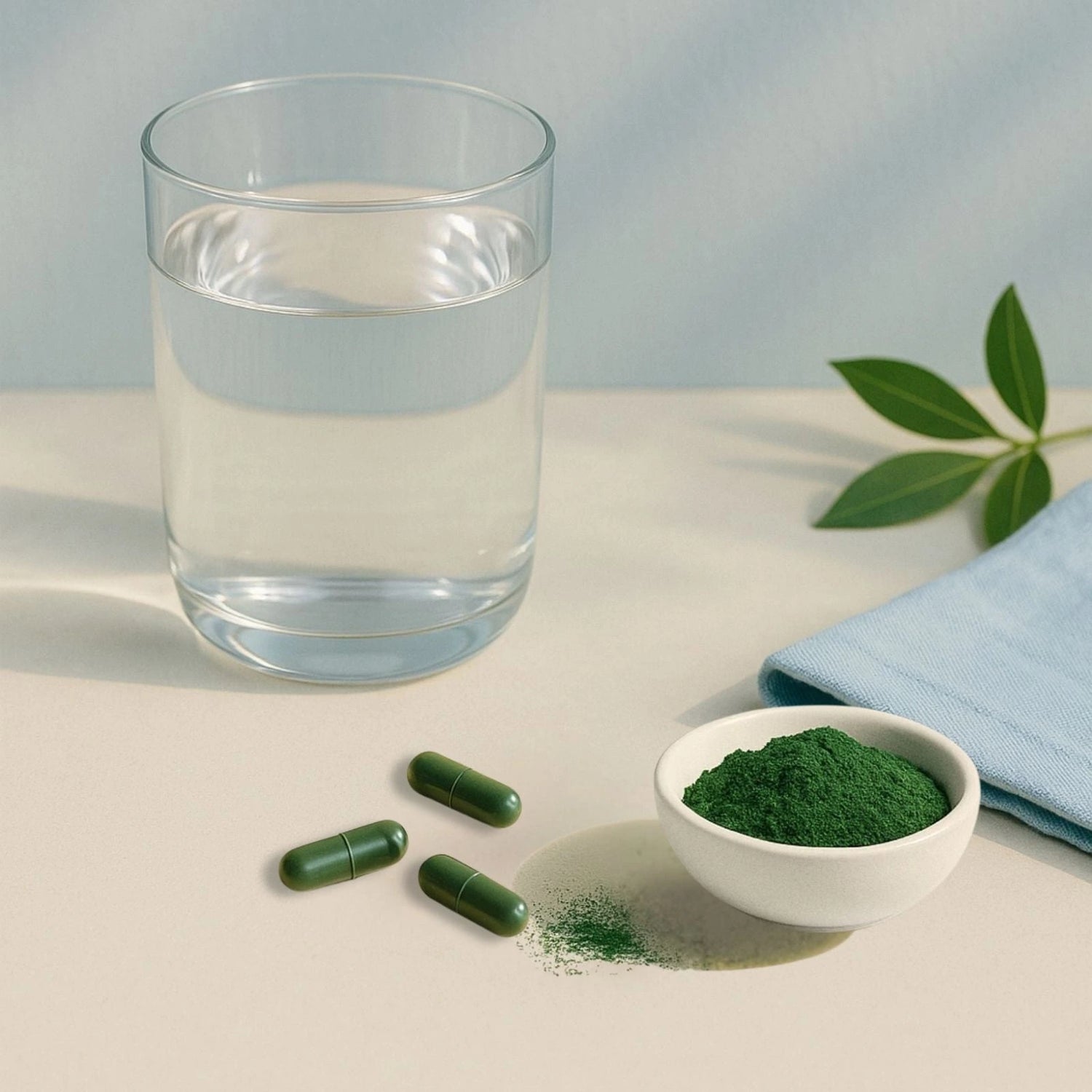 Green powder in a bowl, green capsules, and a glass of water on a light surface with a blue napkin.