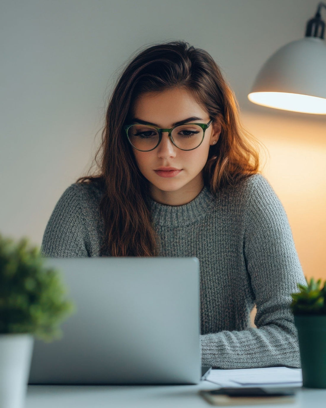 Woman wearing glasses and a gray sweater working on a laptop at a desk with a warm light in the background.