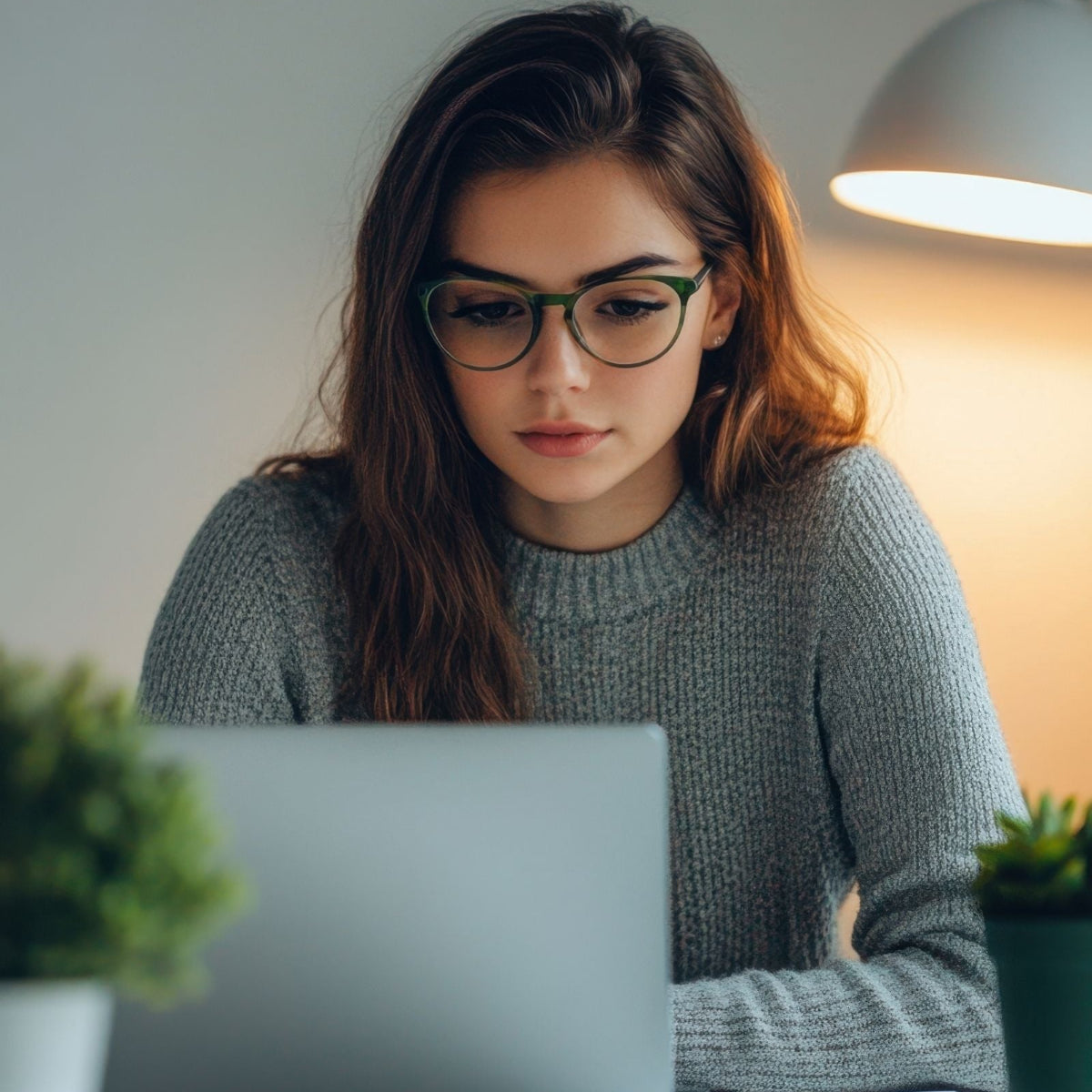 Woman wearing glasses and a gray sweater working on a laptop at a desk with a warm light in the background.