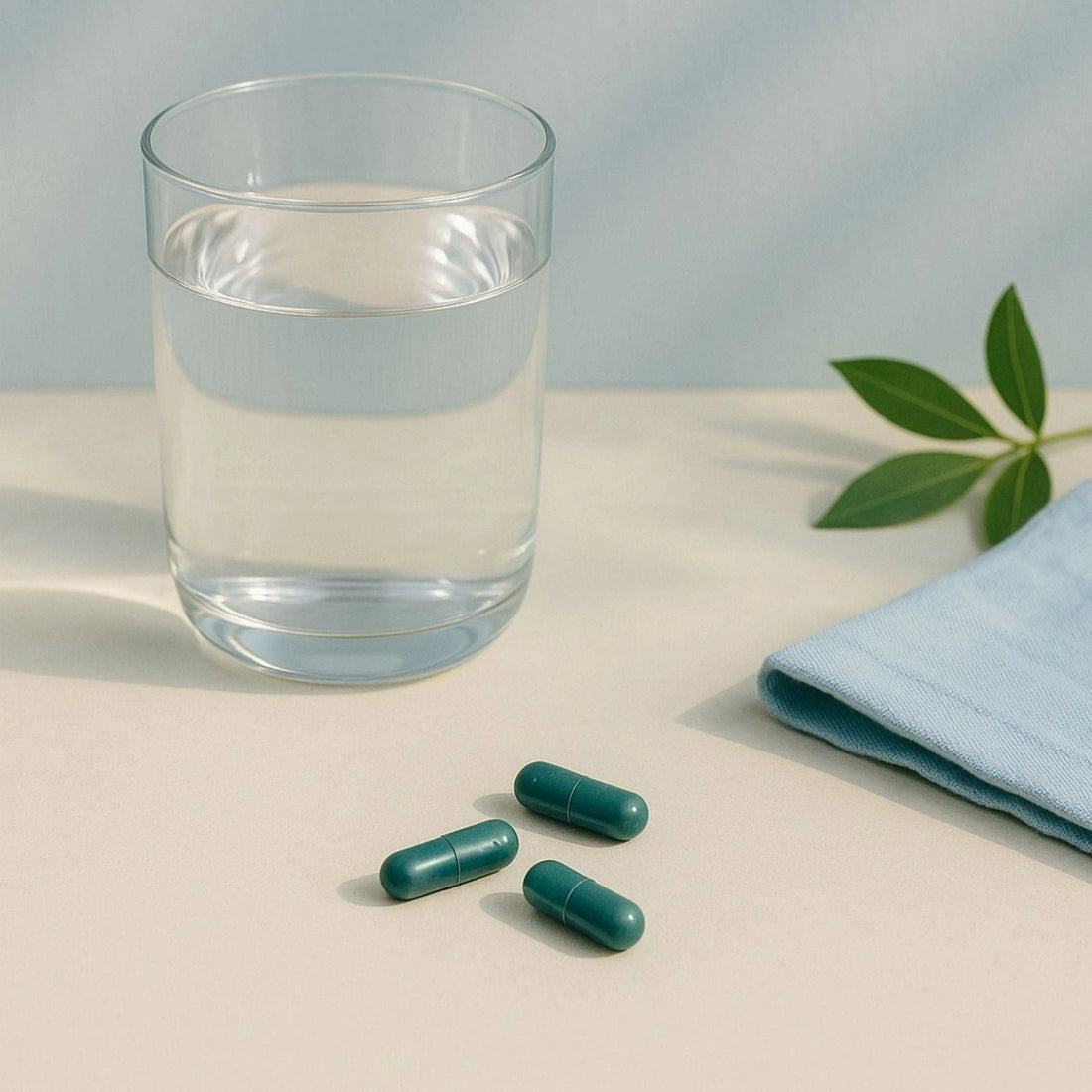 Three green BrainON capsules on a light surface with a glass of water and a blue cloth in the background.