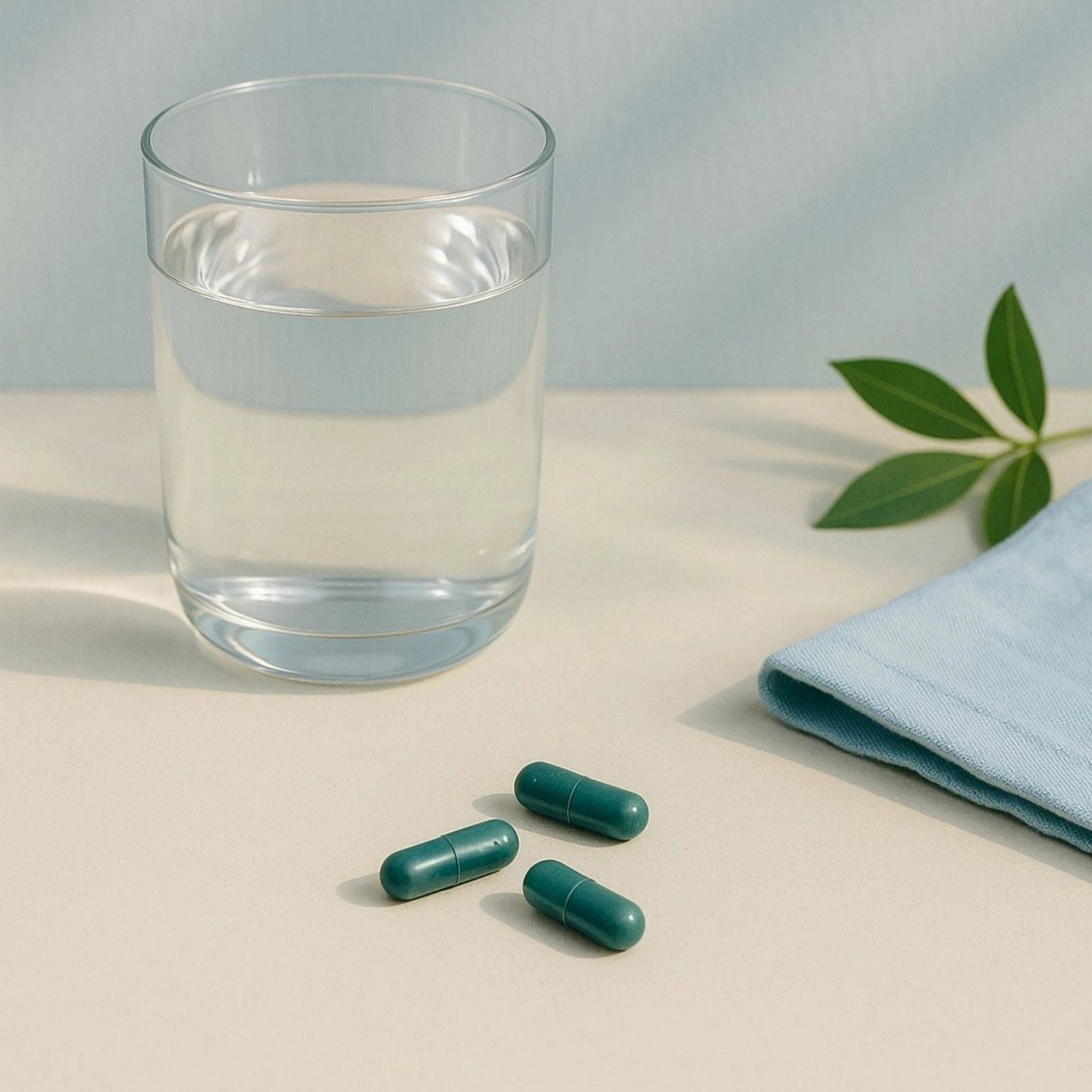 Three green BrainON capsules on a light surface with a glass of water and a blue cloth in the background.