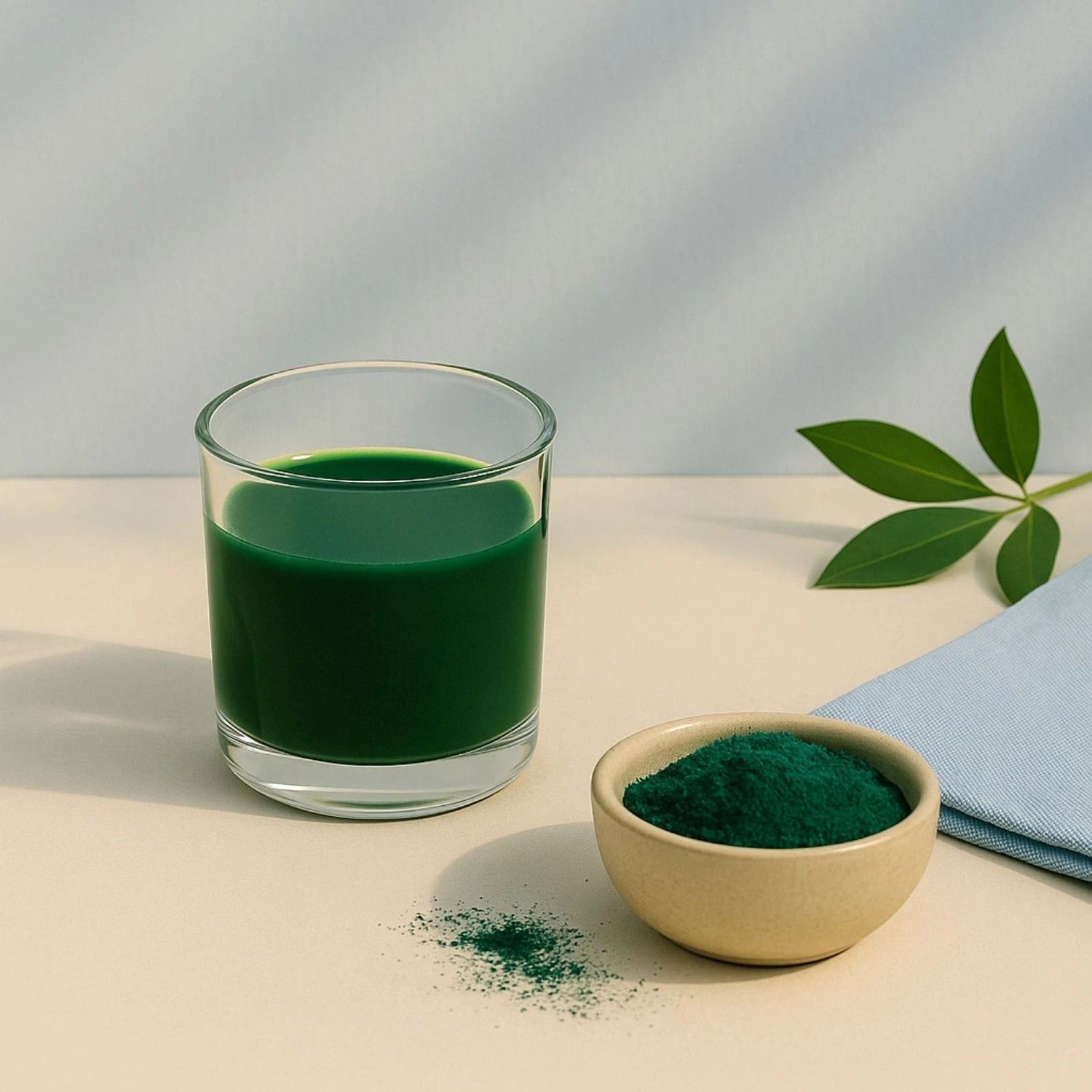 Glass of green juice next to a bowl of green BrainON powder on a neutral background