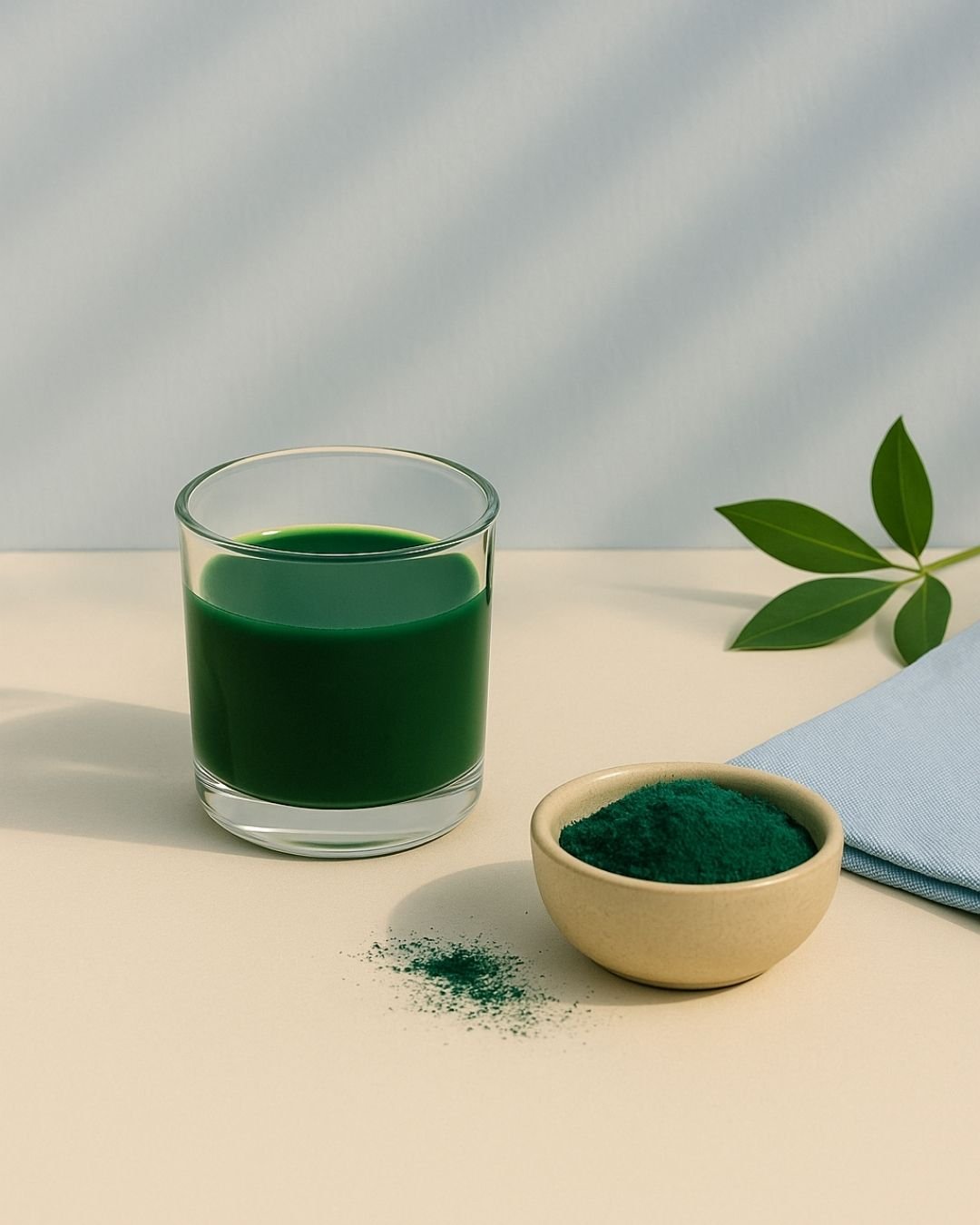 Glass of green juice next to a bowl of green BrainON powder on a light surface with a leaf in the background.