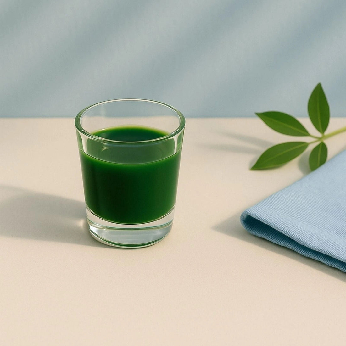 Glass of green BrainON liquid on a light surface with a blue napkin and leaves.