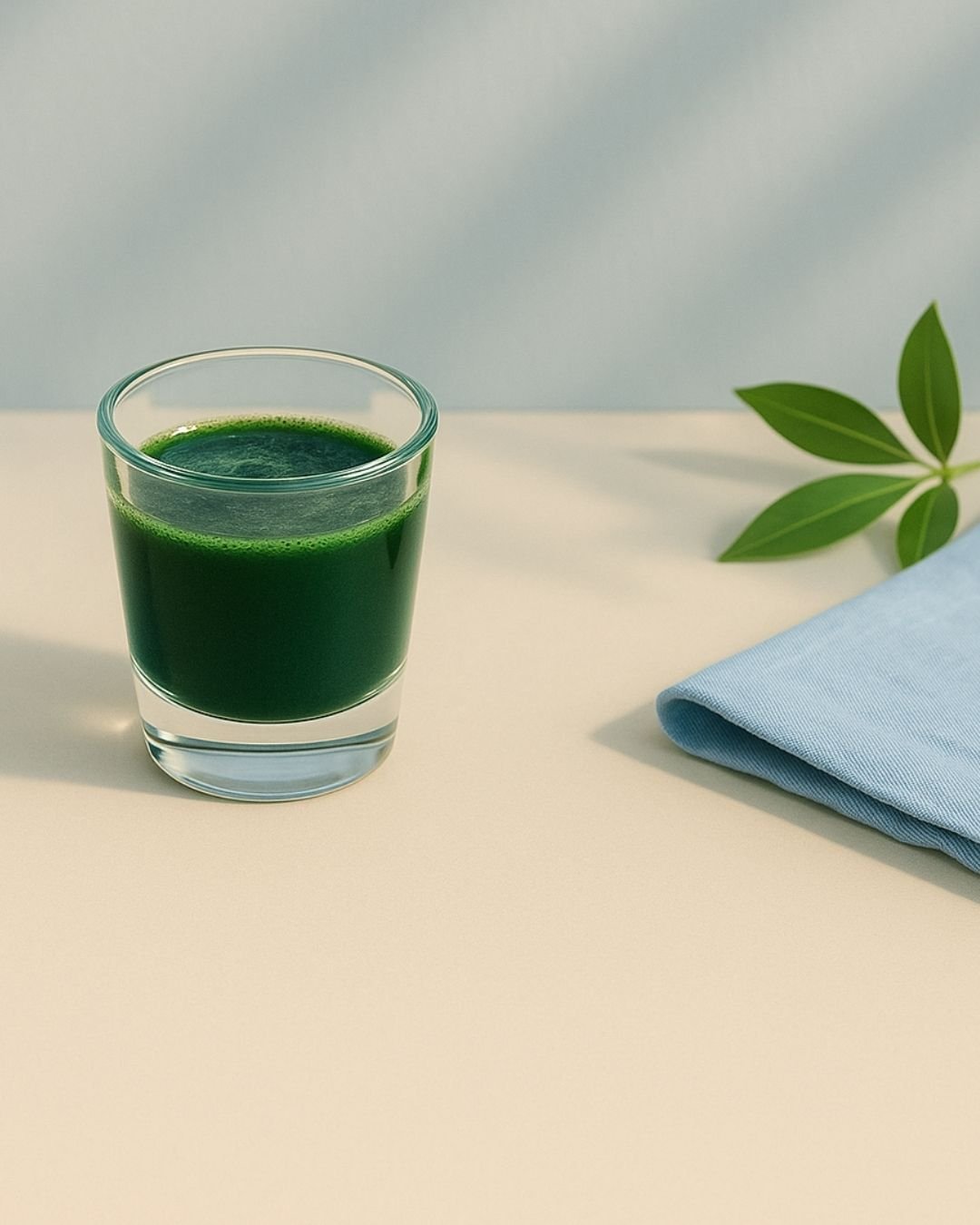 Glass of green BrainON Liquid on a beige surface with a light blue napkin and green leaves.