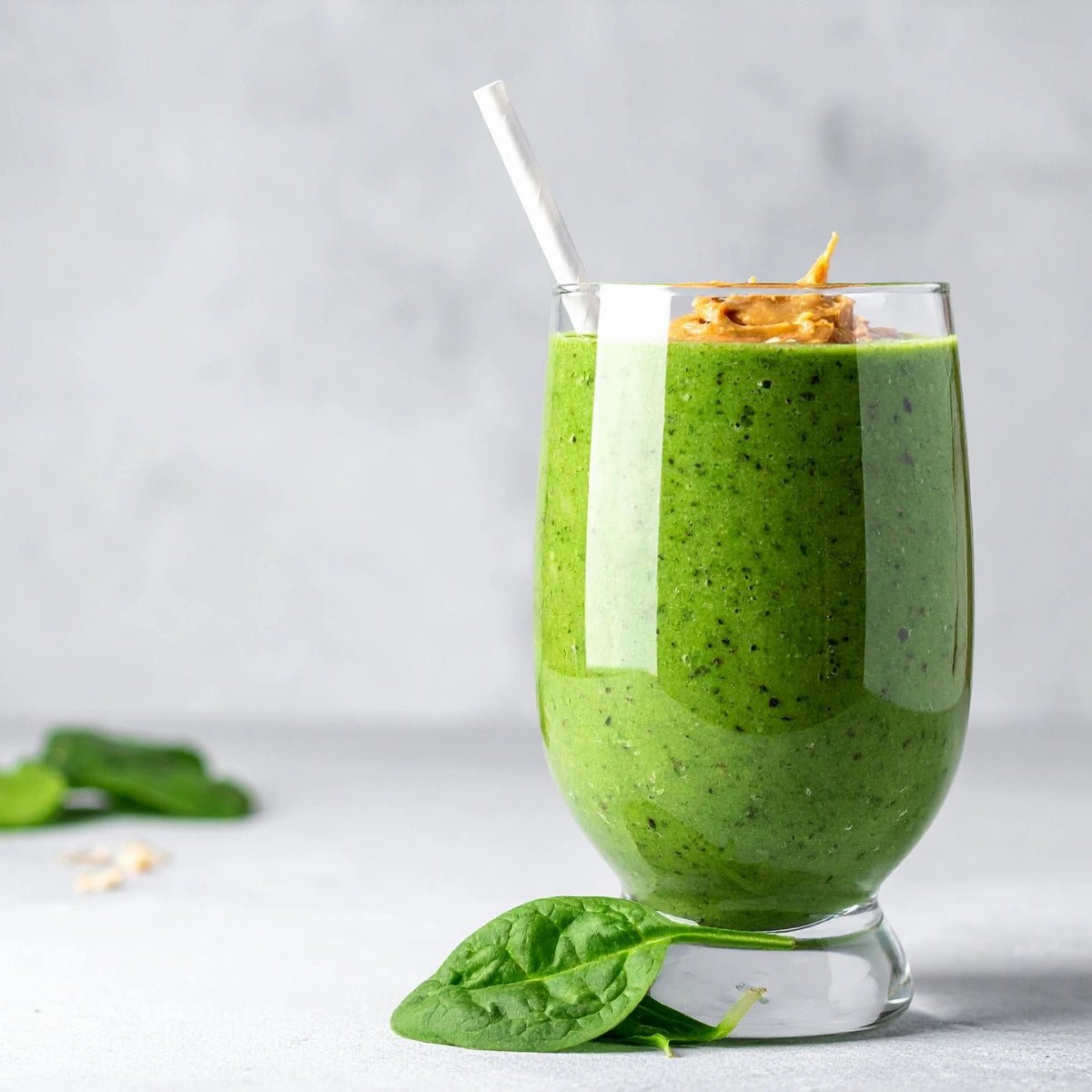 Green smoothie in a glass with a straw on a light gray background