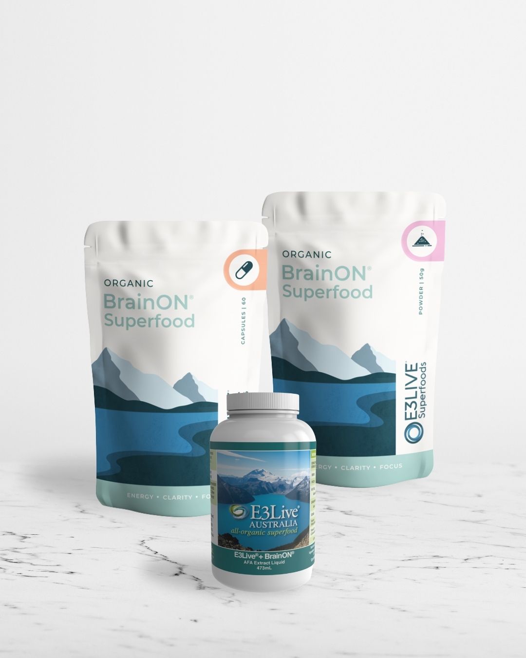 E3Live Organic BrainON Superfood packaging on a white marble background