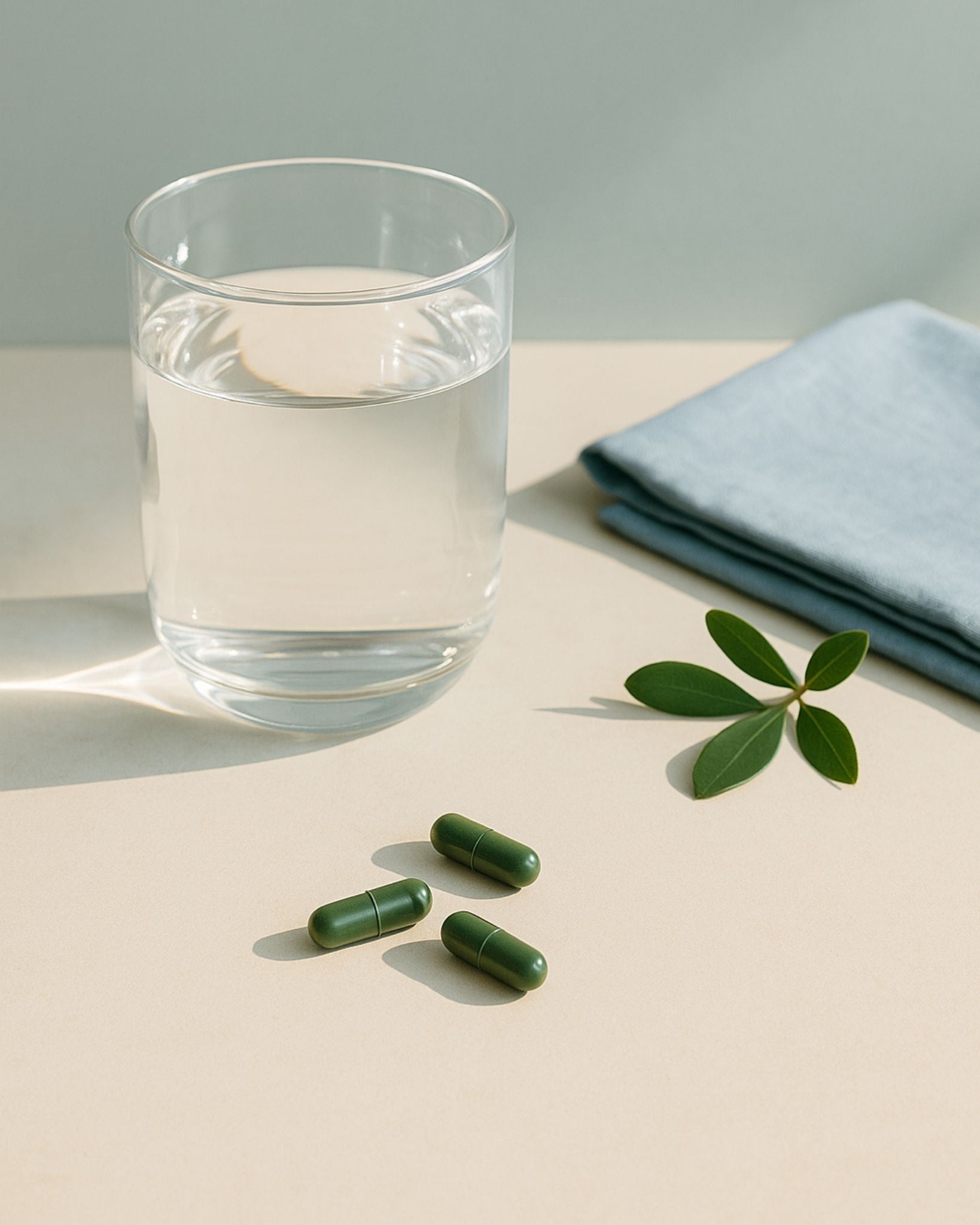 Glass of water with green capsules on a light surface, accompanied by a blue napkin.