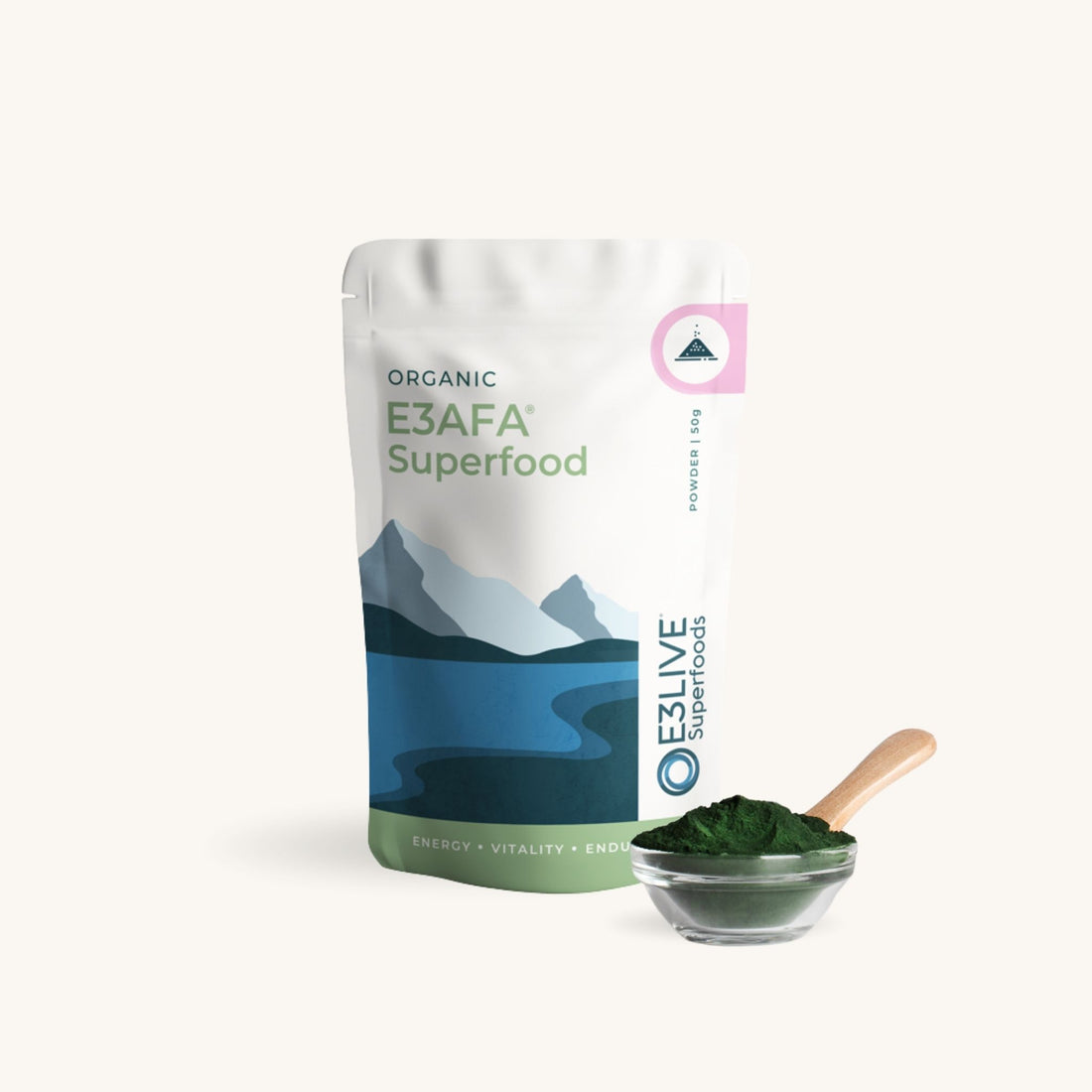 E3AFA Superfood package with a bowl of green powder on a white background