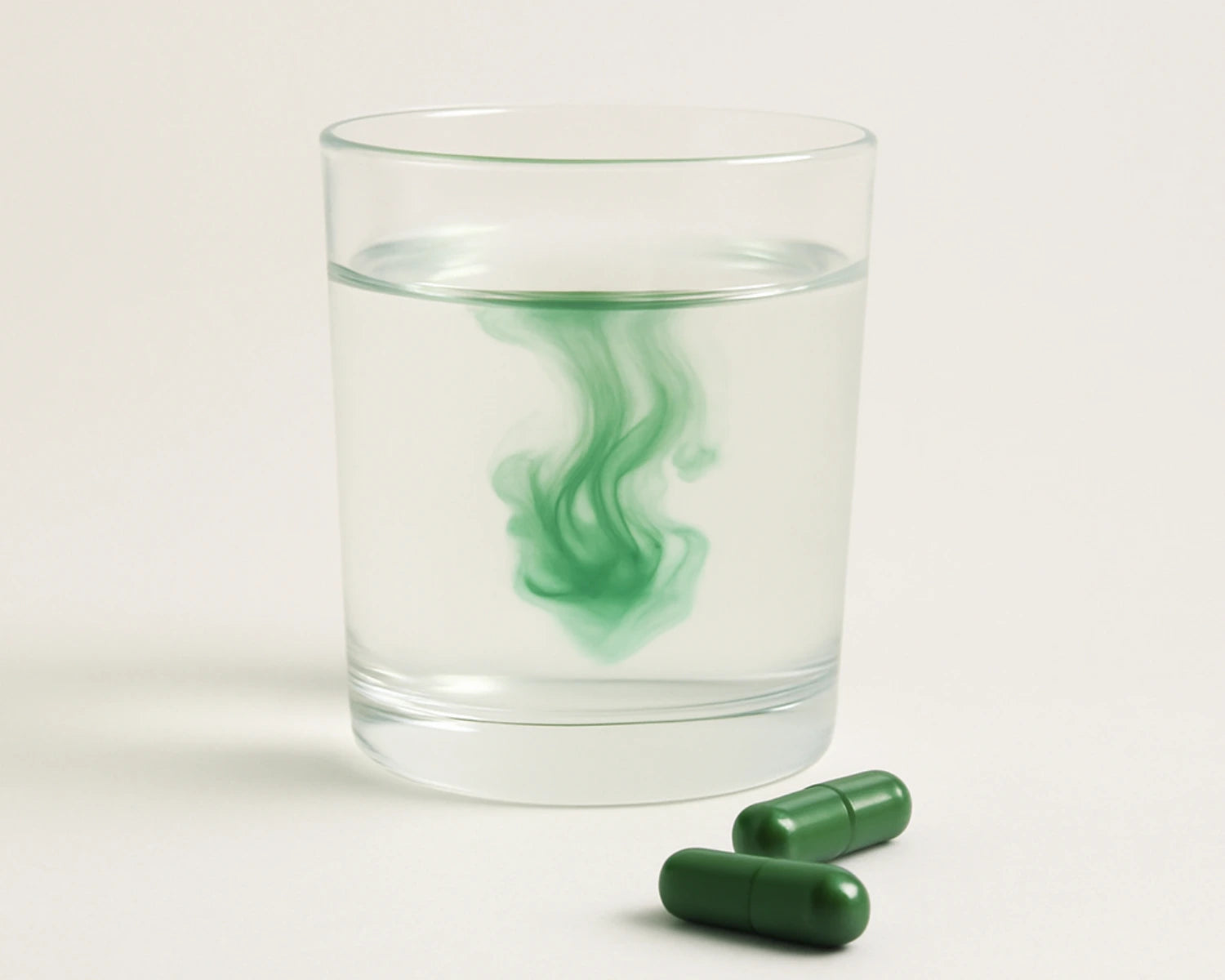 Glass of water with green powder swirl and two green capsules on a white background