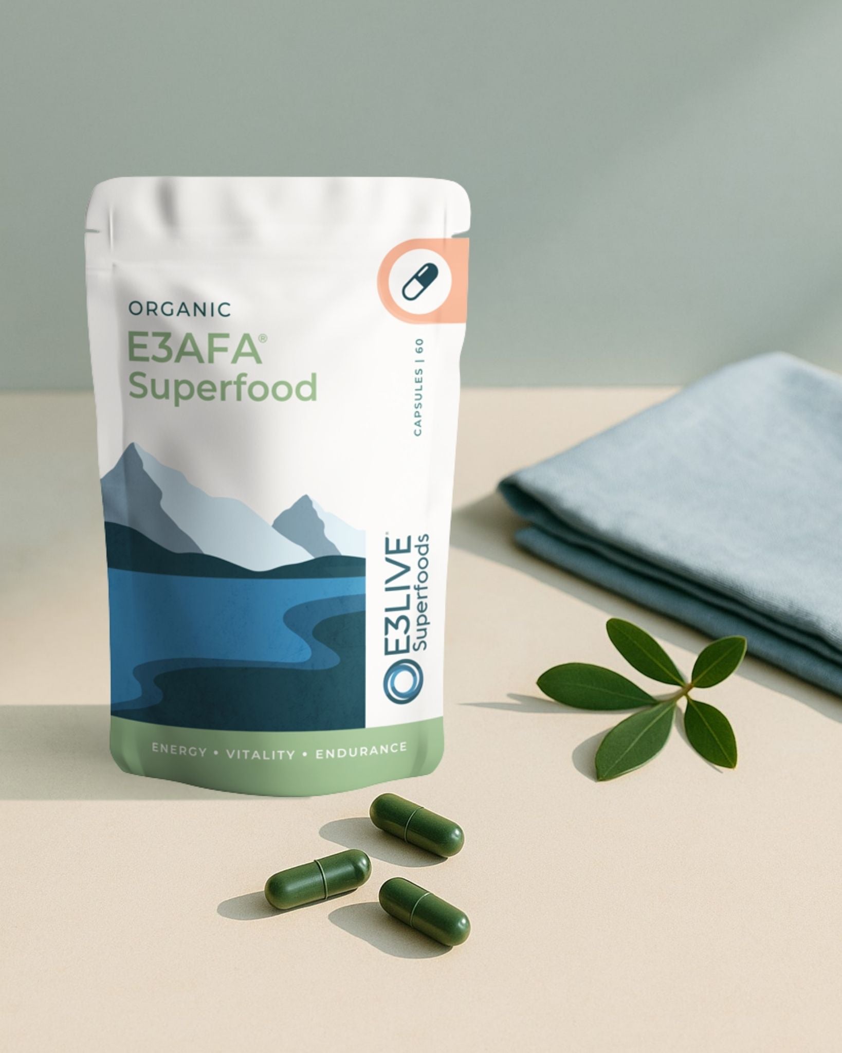 E3AFA Superfood package with capsules on a neutral background