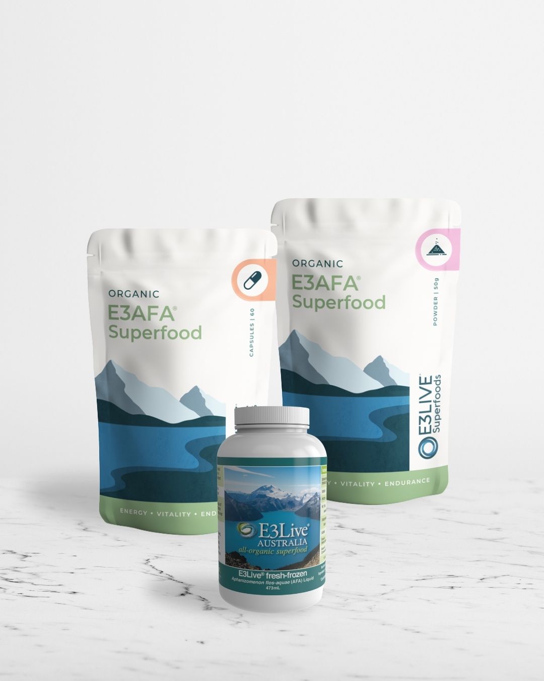 E3AFA-E3Live Superfood packaging on a white marble background