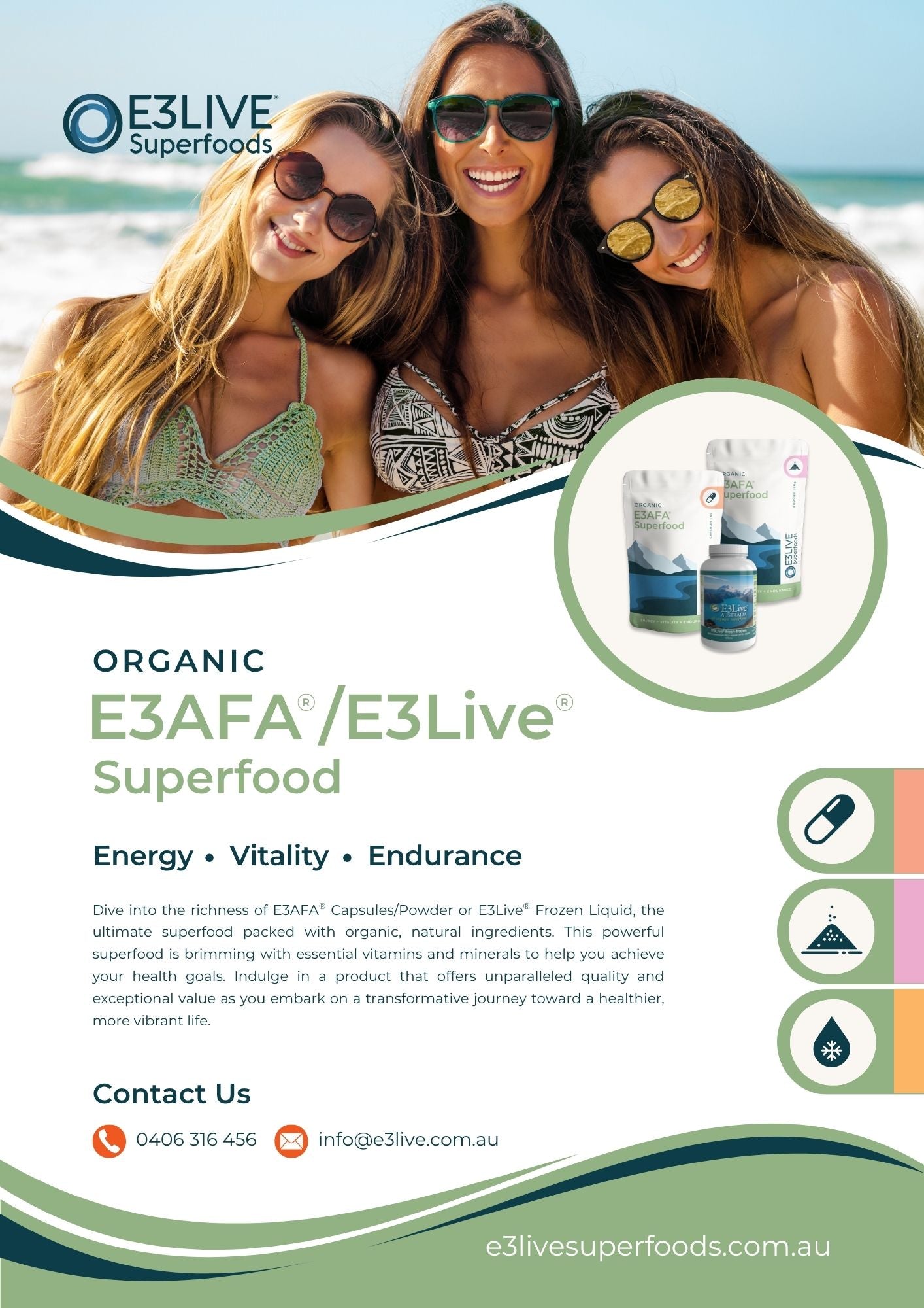 Advertisement for E3Live Superfoods with three women by the beach and product images.