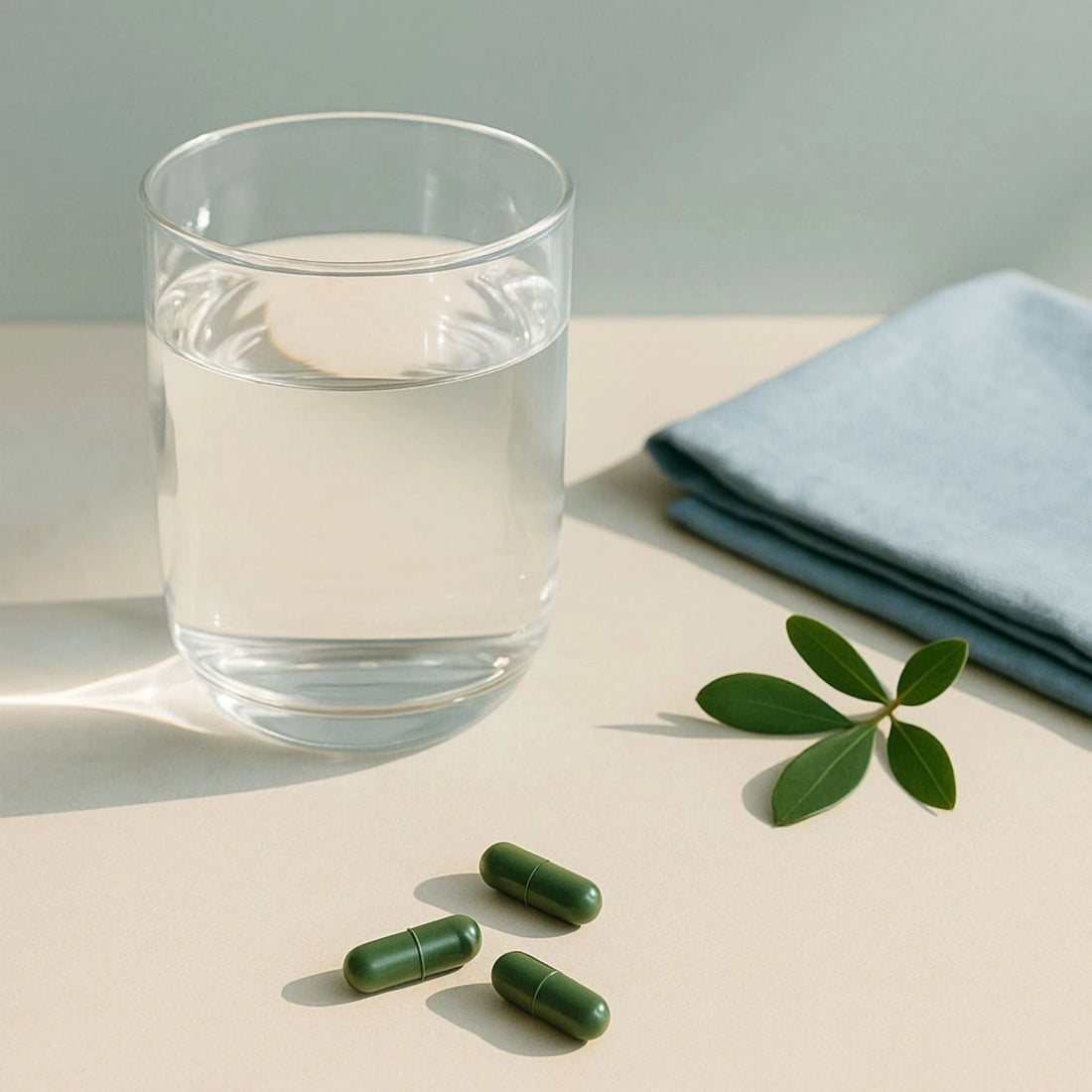 Glass of water with green E3AFA capsules and a leaf on a light surface
