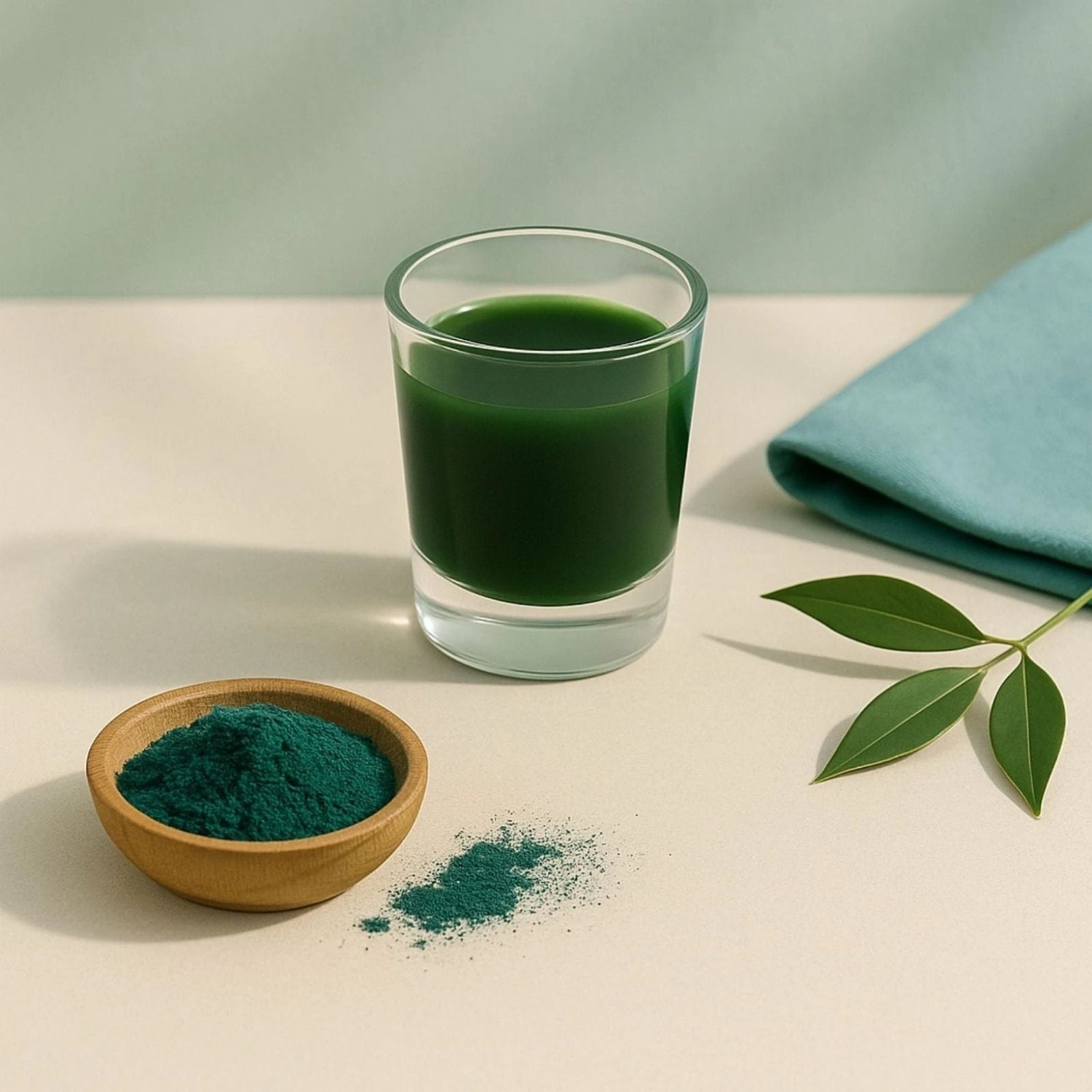 Glass of green juice next to a bowl of green E3AFA powder and leaves on a light surface.