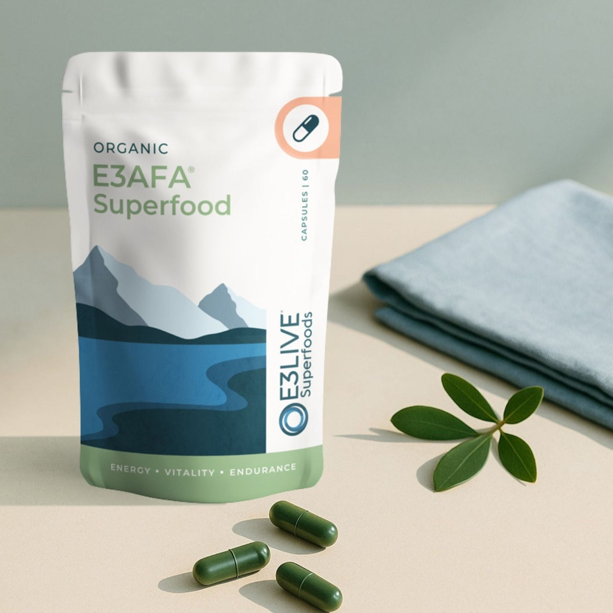 E3AFA Superfood package with capsules on a neutral background