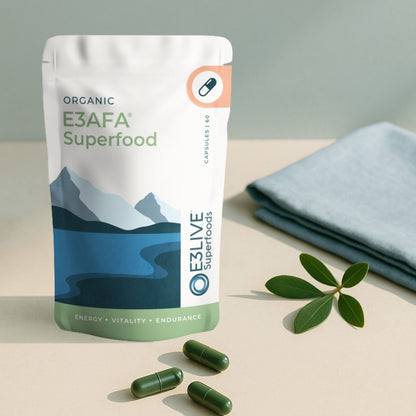 E3AFA Superfood package with capsules on a neutral background