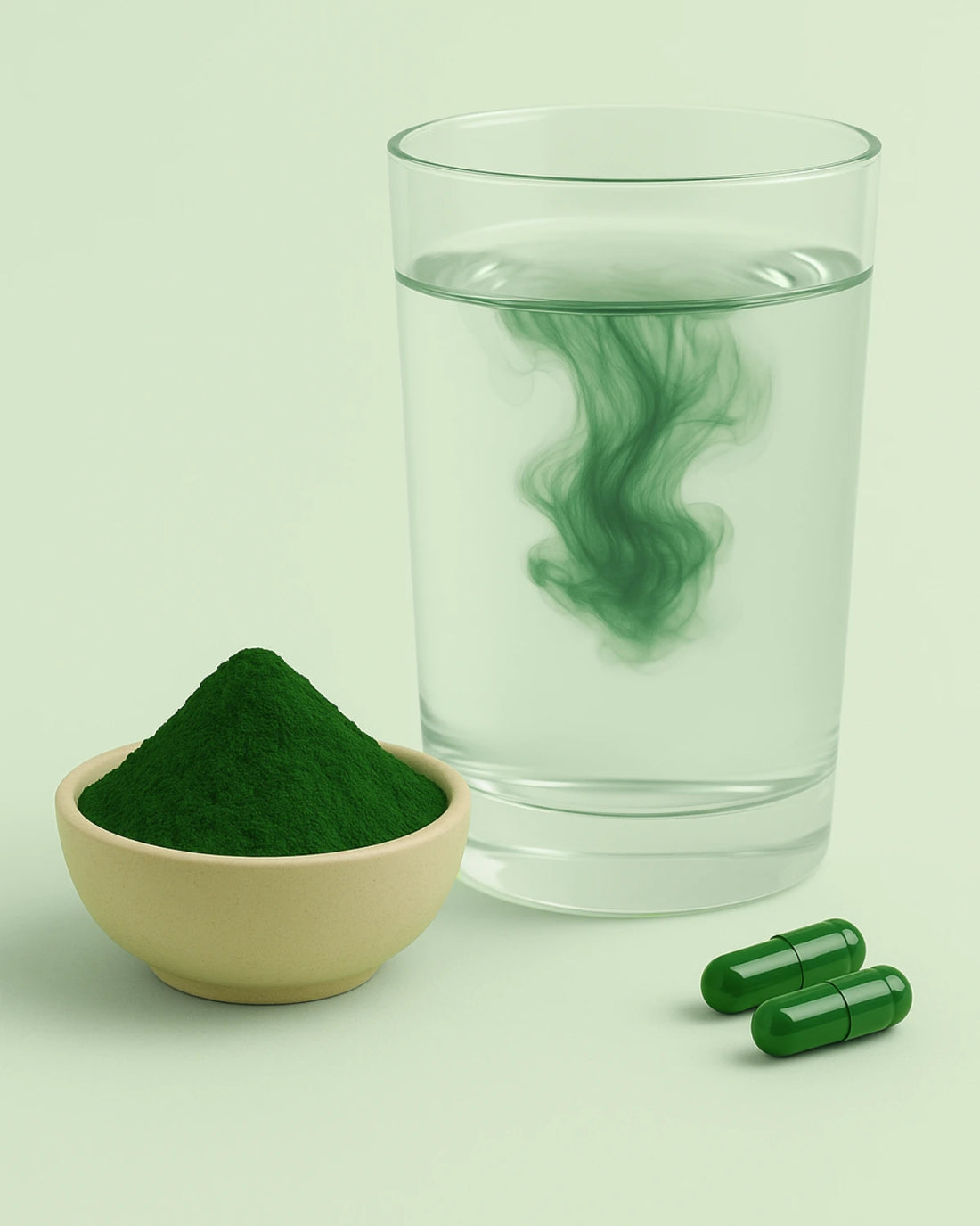 E3AFA powder in a bowl, green capsules, and a glass of water with green swirl on a light green background