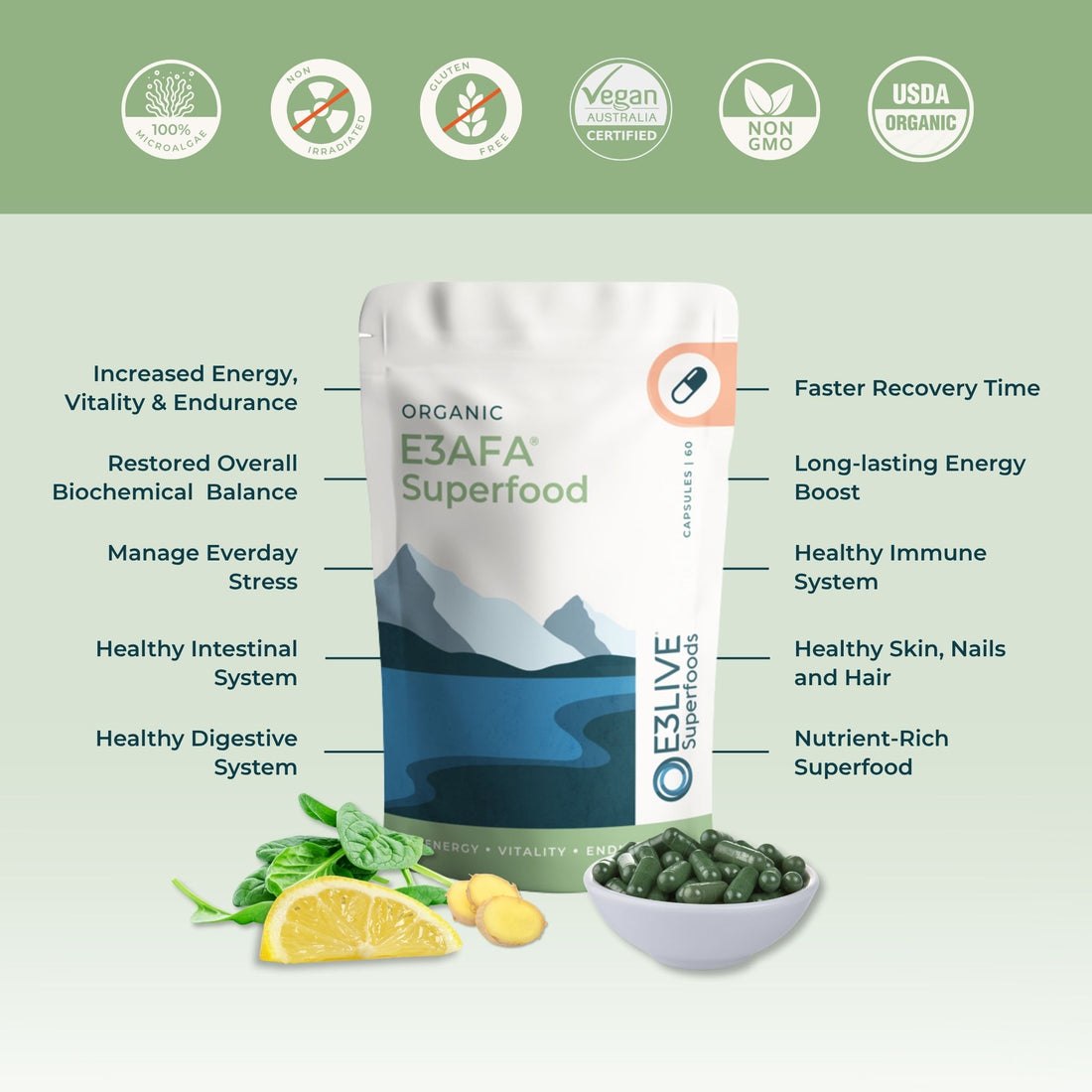 Promotional image for E3AFA Superfood. Features a white pouch with a blue mountain design, labelled &