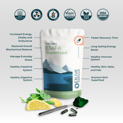 Promotional image for E3AFA Superfood. Features a white pouch with a blue mountain design, labeled &