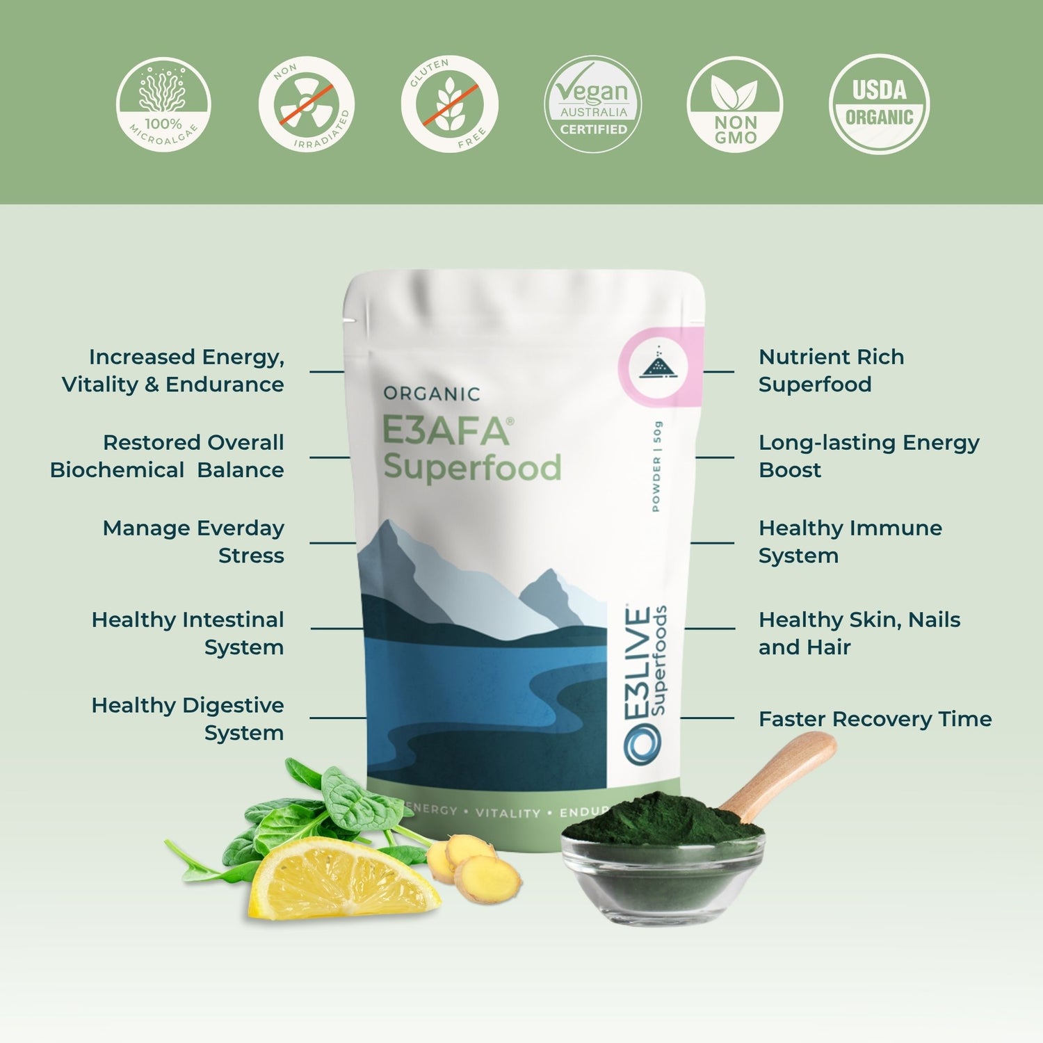 Promotional image for E3AFA Superfood. Features a white pouch with a blue mountain design, labeled &