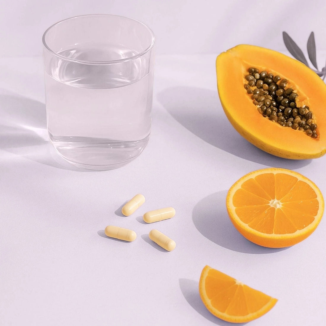 Glass of water, half a papaya, half an orange, and cream capsules on a white surface.