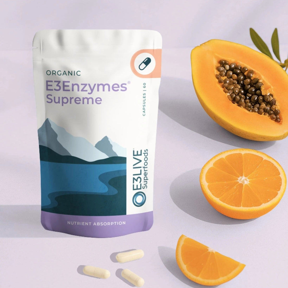 E3Enzymes Supreme supplement package with a papaya and orange on a light background