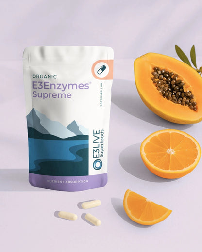 E3Enzymes Supreme supplement package with a papaya and orange on a light background